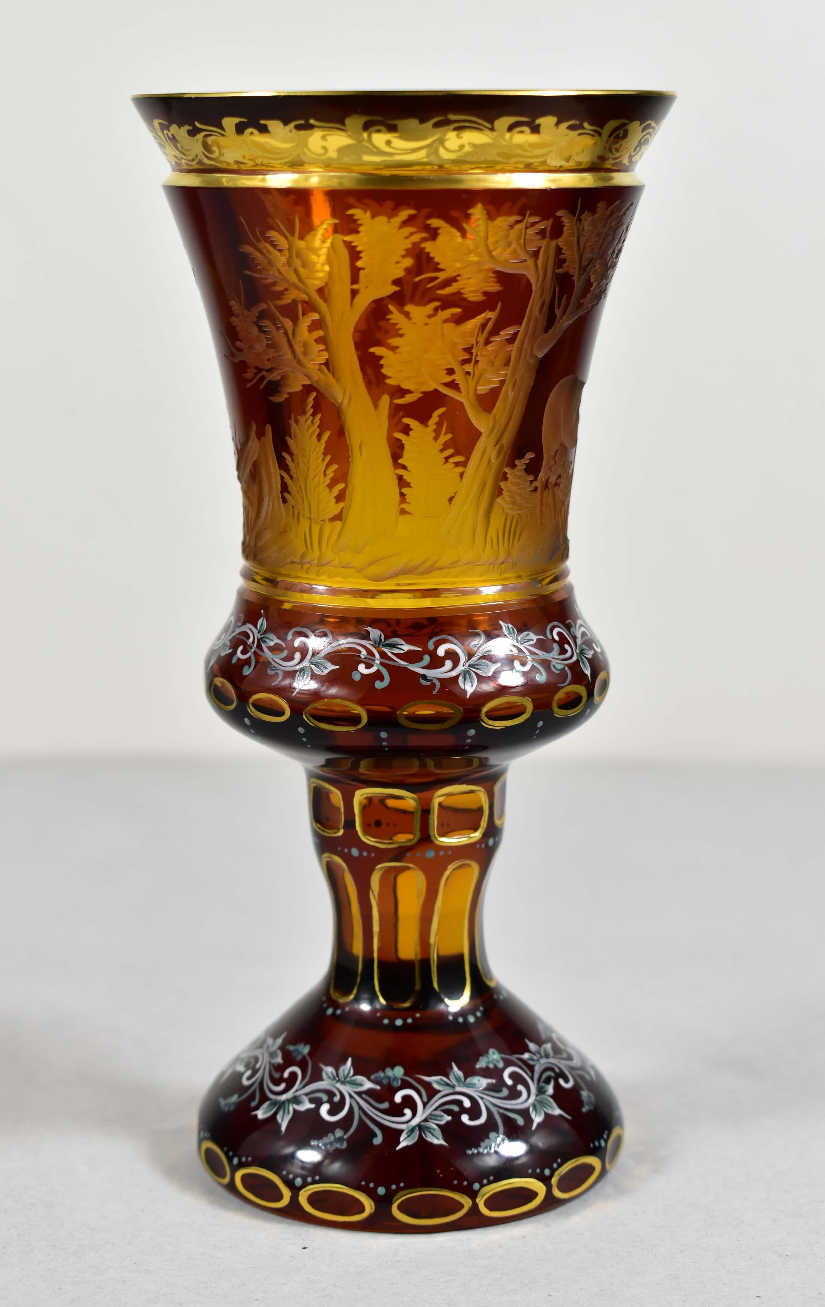 20th Century Amber Glass Goblet- Hunting motif - Bohemian Glass - 19-20 century