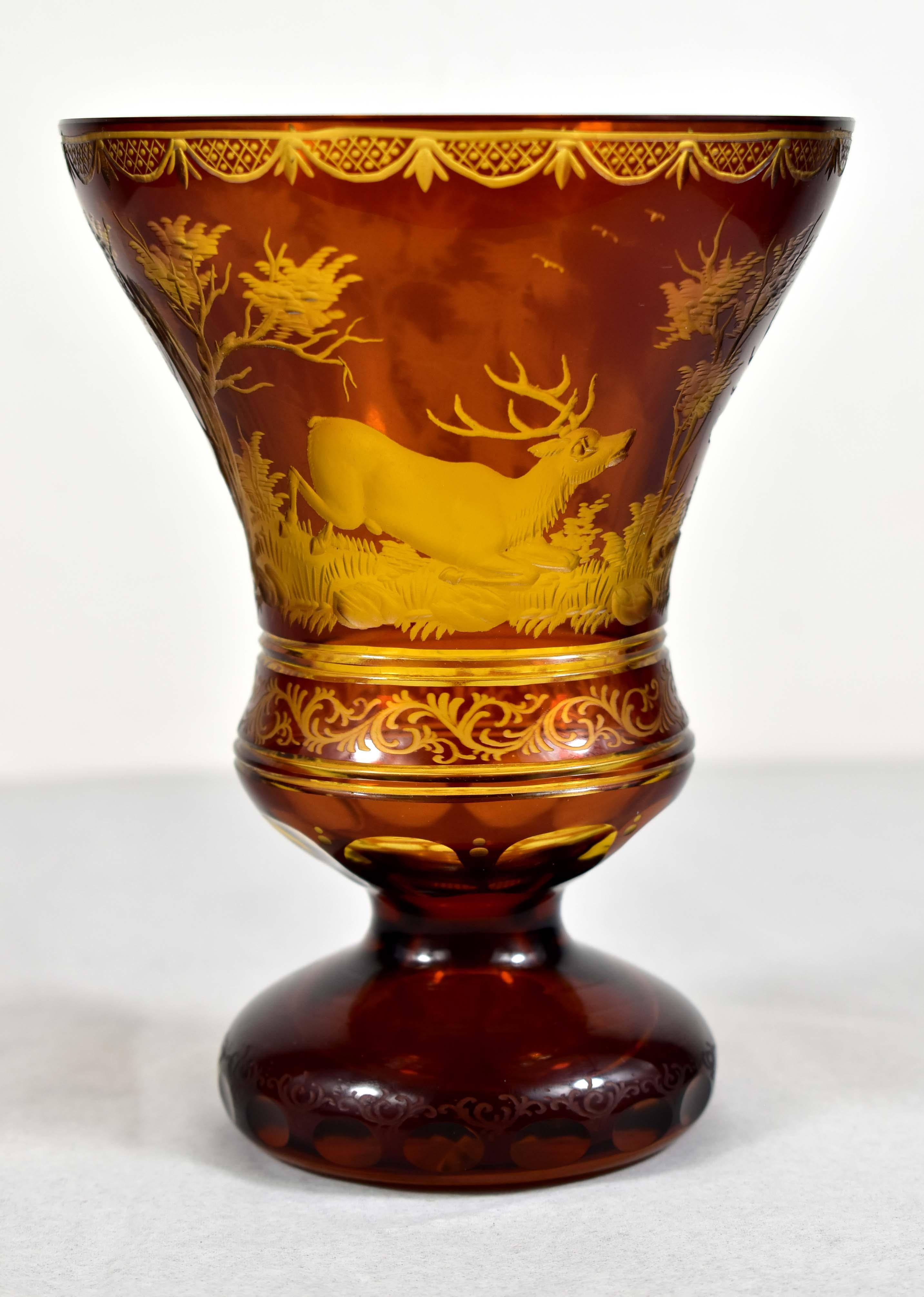 20th Century  Amber Glass Goblet- Hunting motif-Bohemian Glass-19-20 century