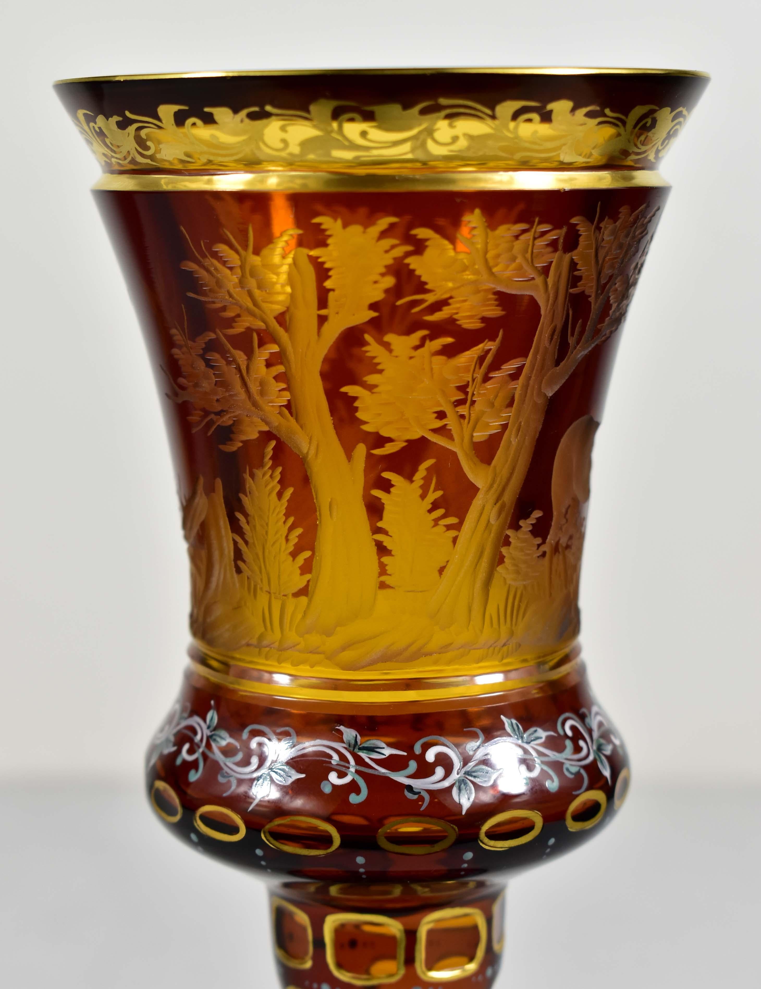 Art Glass Amber Glass Goblet- Hunting motif - Bohemian Glass - 19-20 century