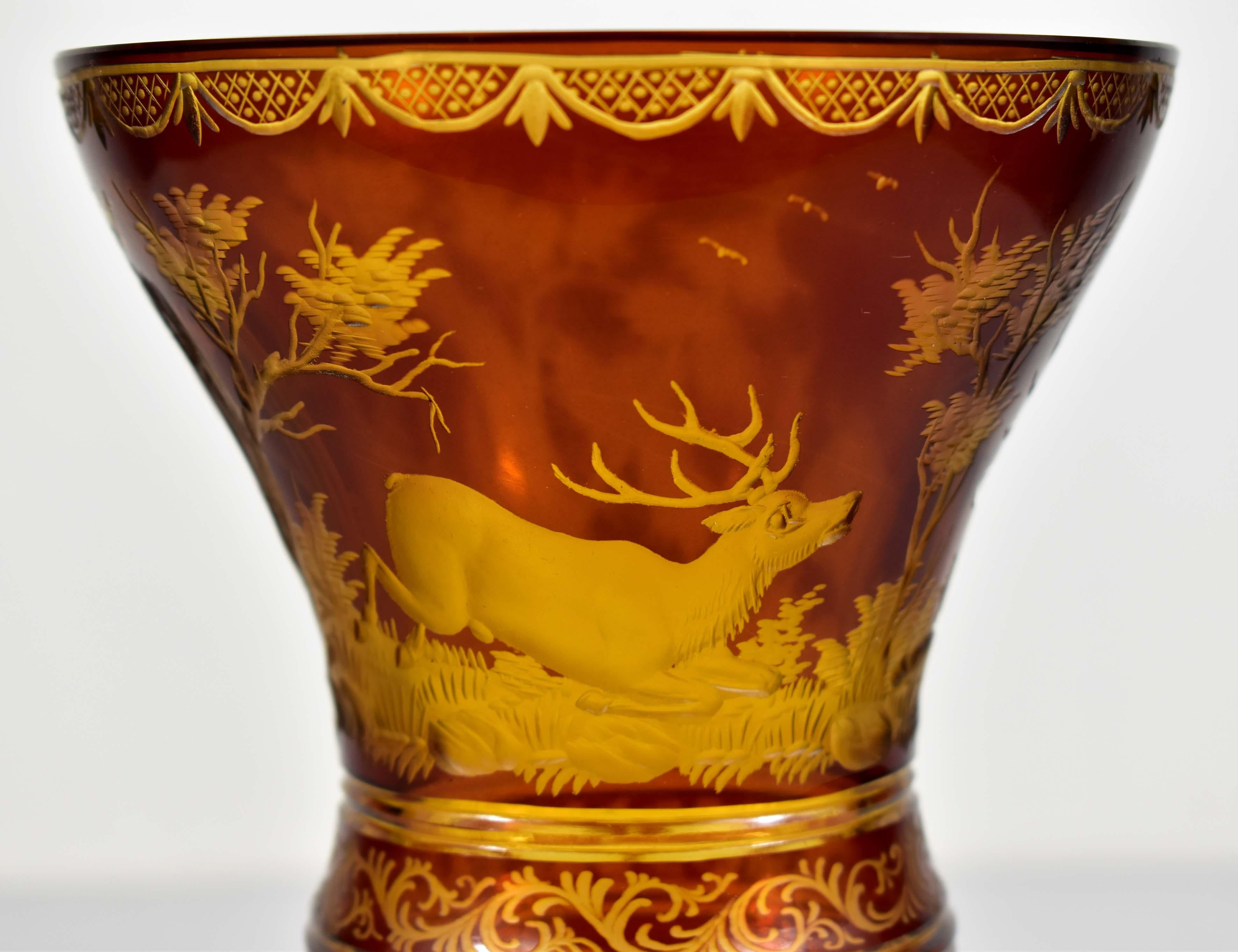 Art Glass  Amber Glass Goblet- Hunting motif-Bohemian Glass-19-20 century