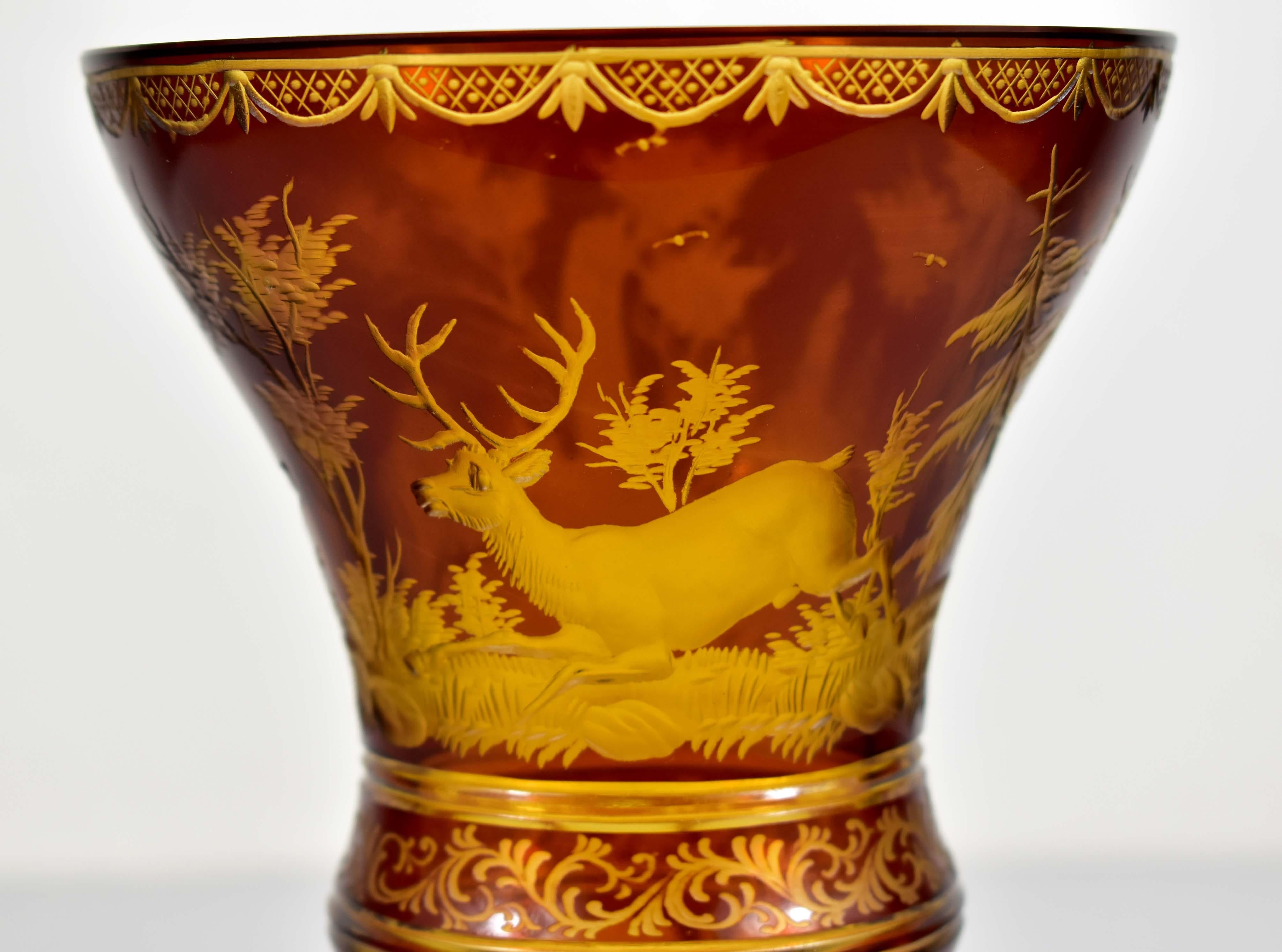  Amber Glass Goblet- Hunting motif-Bohemian Glass-19-20 century 1