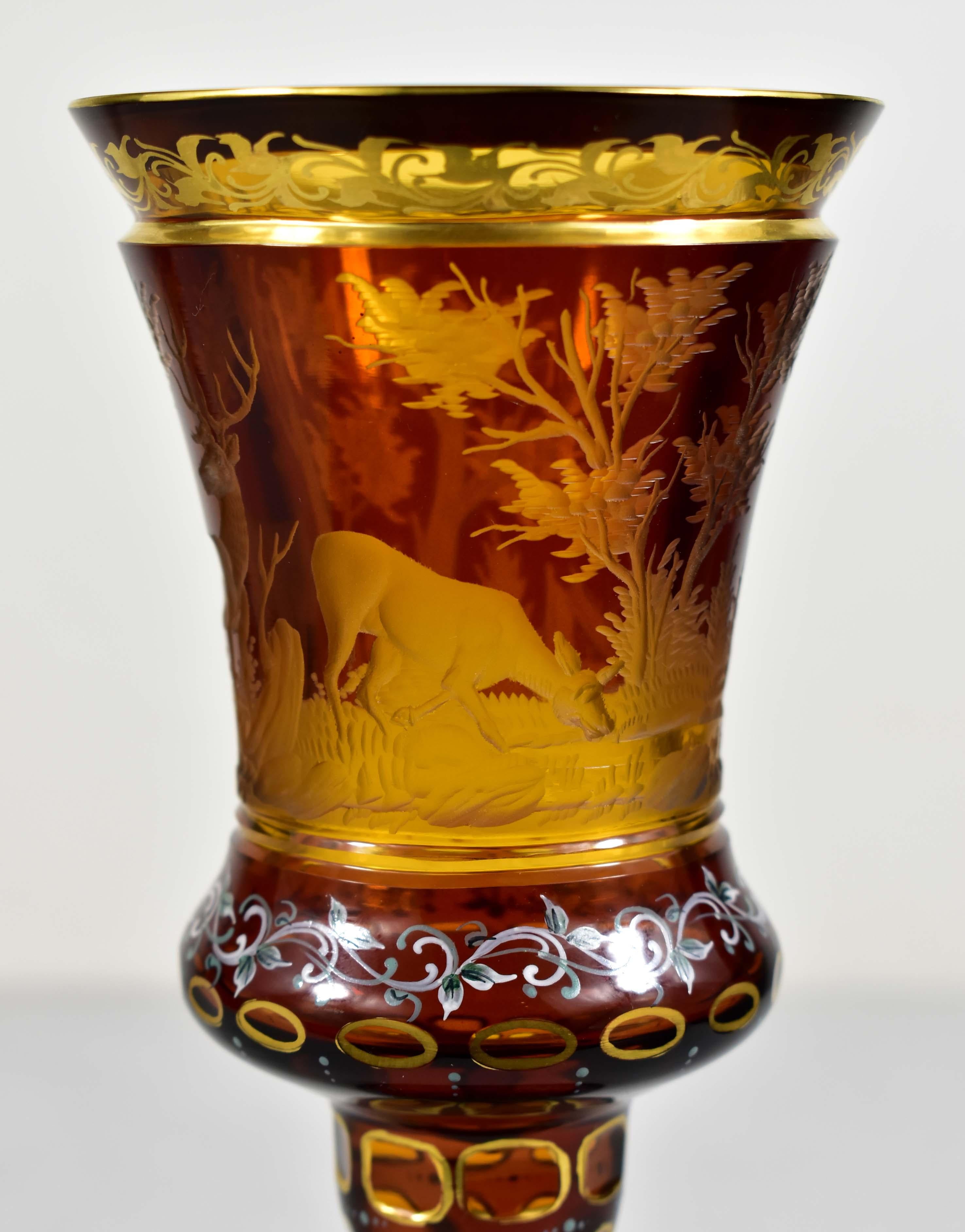 Amber Glass Goblet- Hunting motif - Bohemian Glass - 19-20 century 2