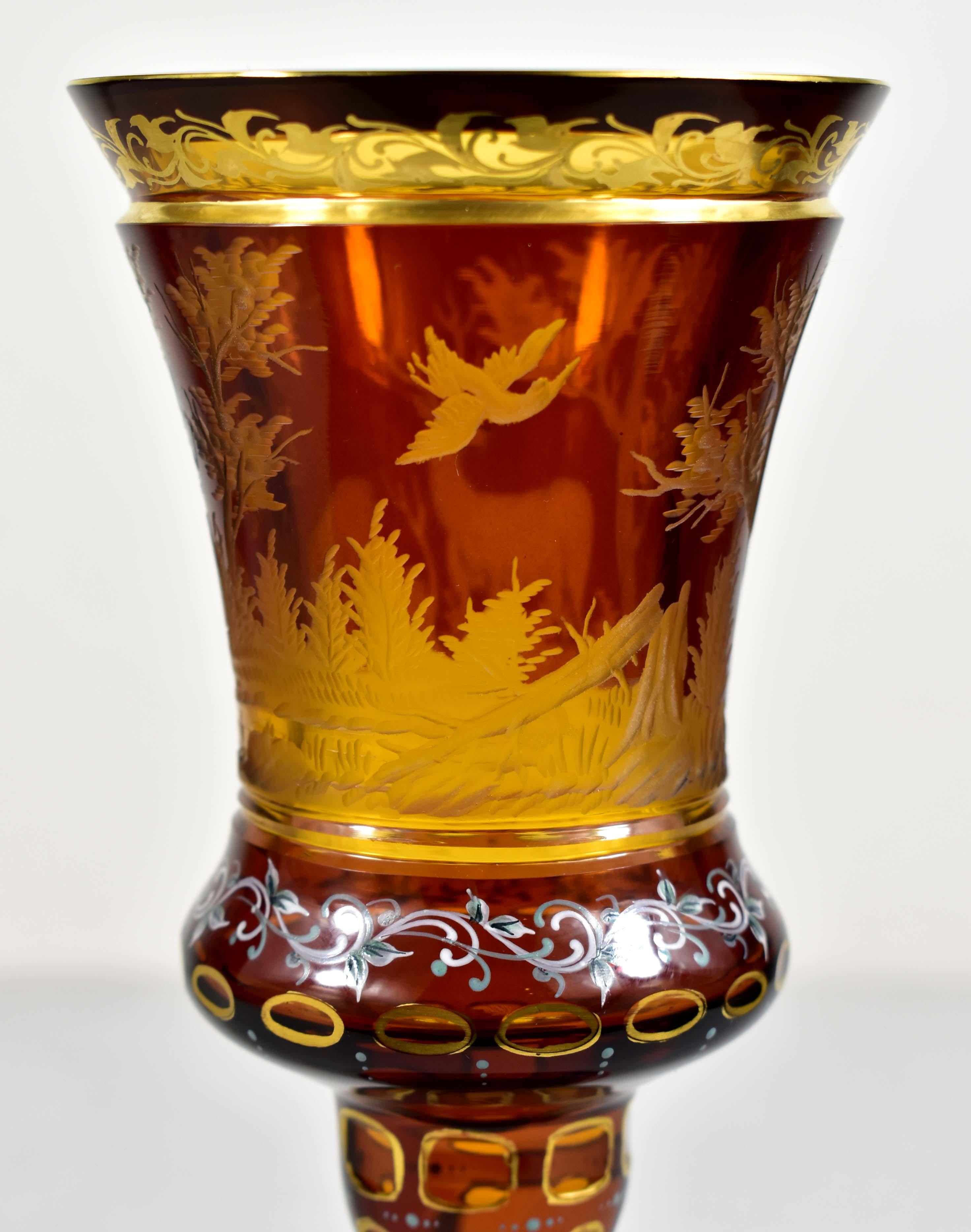 Amber Glass Goblet- Hunting motif - Bohemian Glass - 19-20 century 3