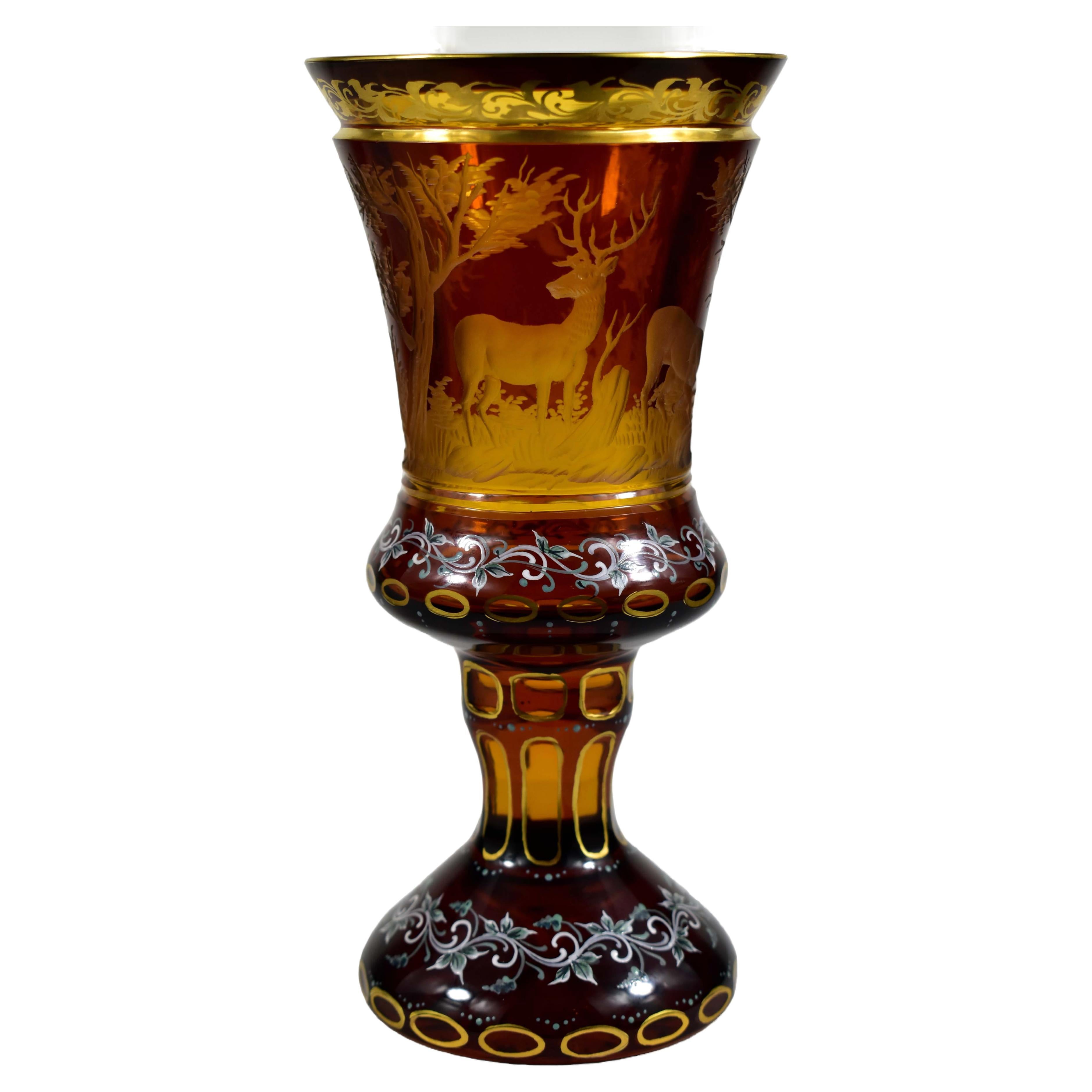 Amber Glass Goblet- Hunting motif - Bohemian Glass - 19-20 century