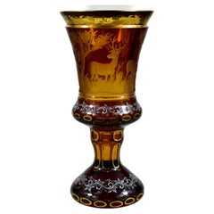 Vintage Amber Glass Goblet- Hunting motif - Bohemian Glass - 19-20 century