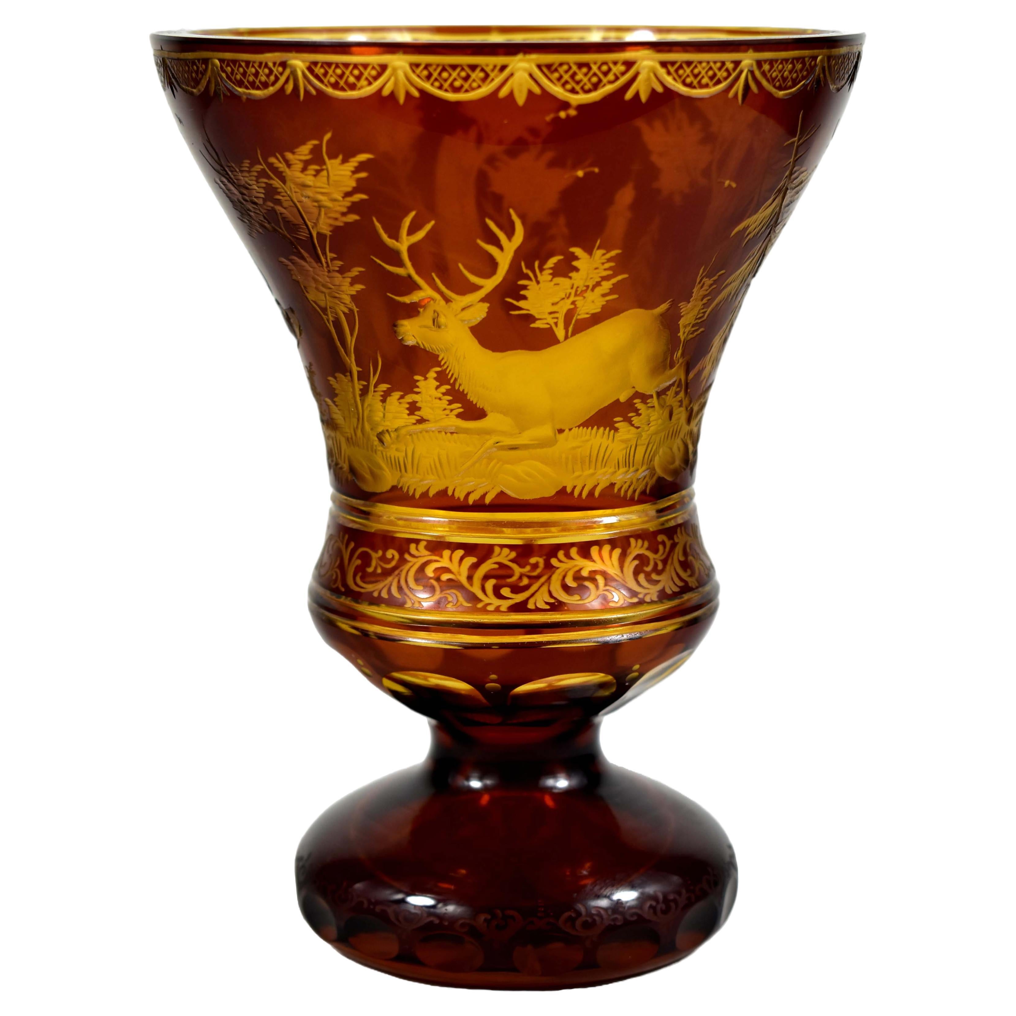  Amber Glass Goblet- Hunting motif-Bohemian Glass-19-20 century