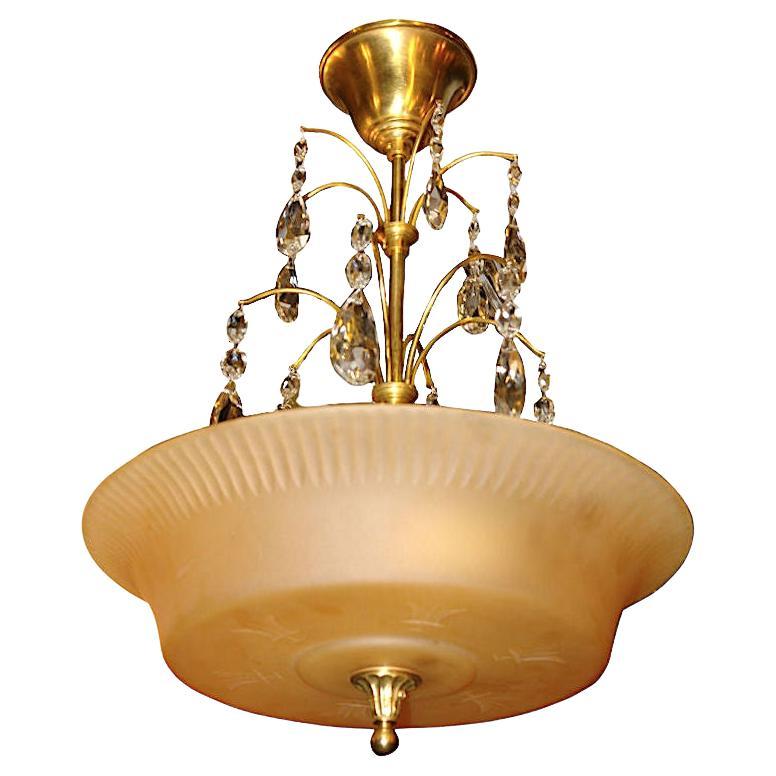 Amber Glass Light Fixture with Crystal Drops For Sale