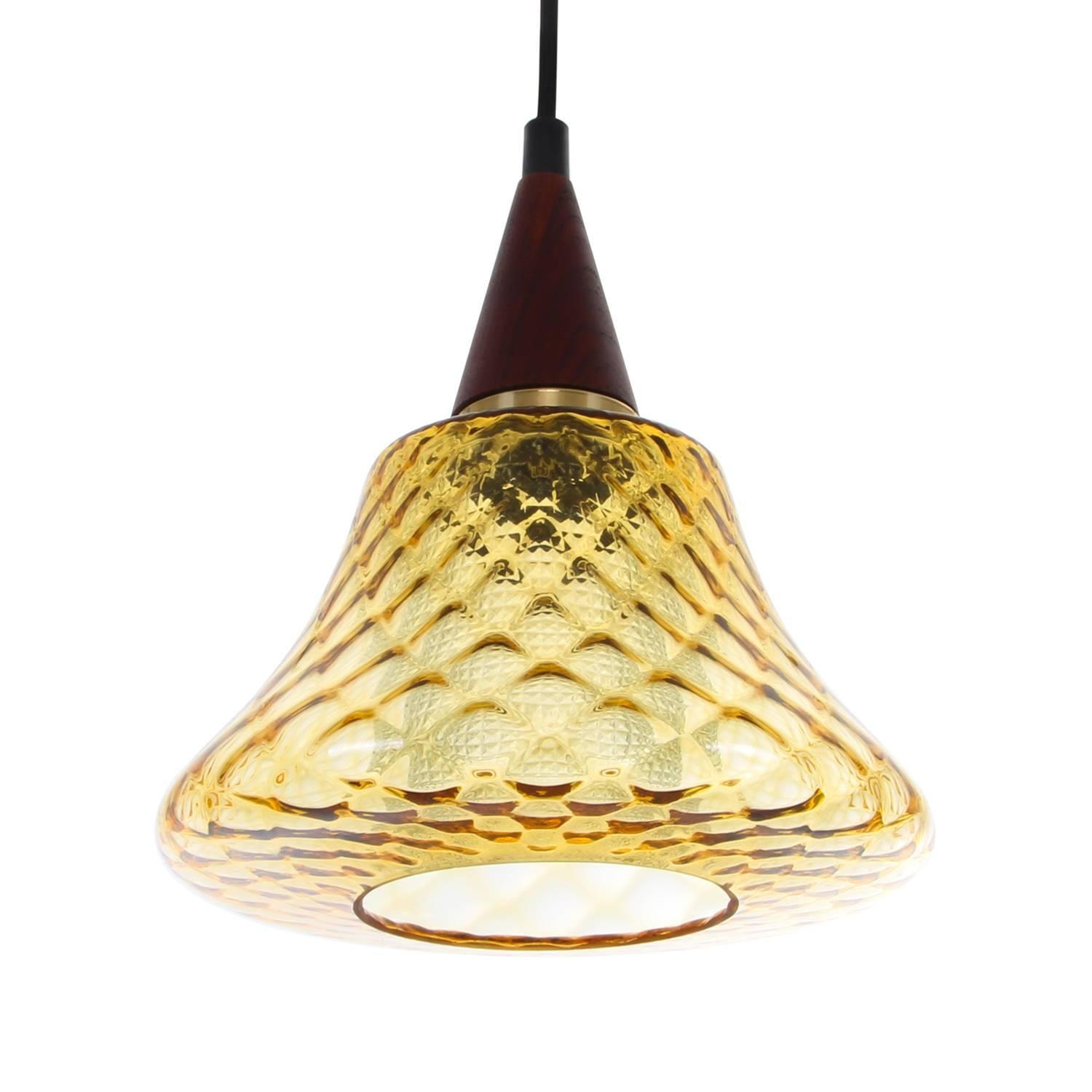 Mid-Century Modern Amber Glass Pendant Light, 1960s, Charming Amber Crystal Glass Hanging Lamp For Sale