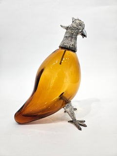French Amber Glass Silver Plate Pheasant/Grouse Game Hunting Claret Jug 20th C