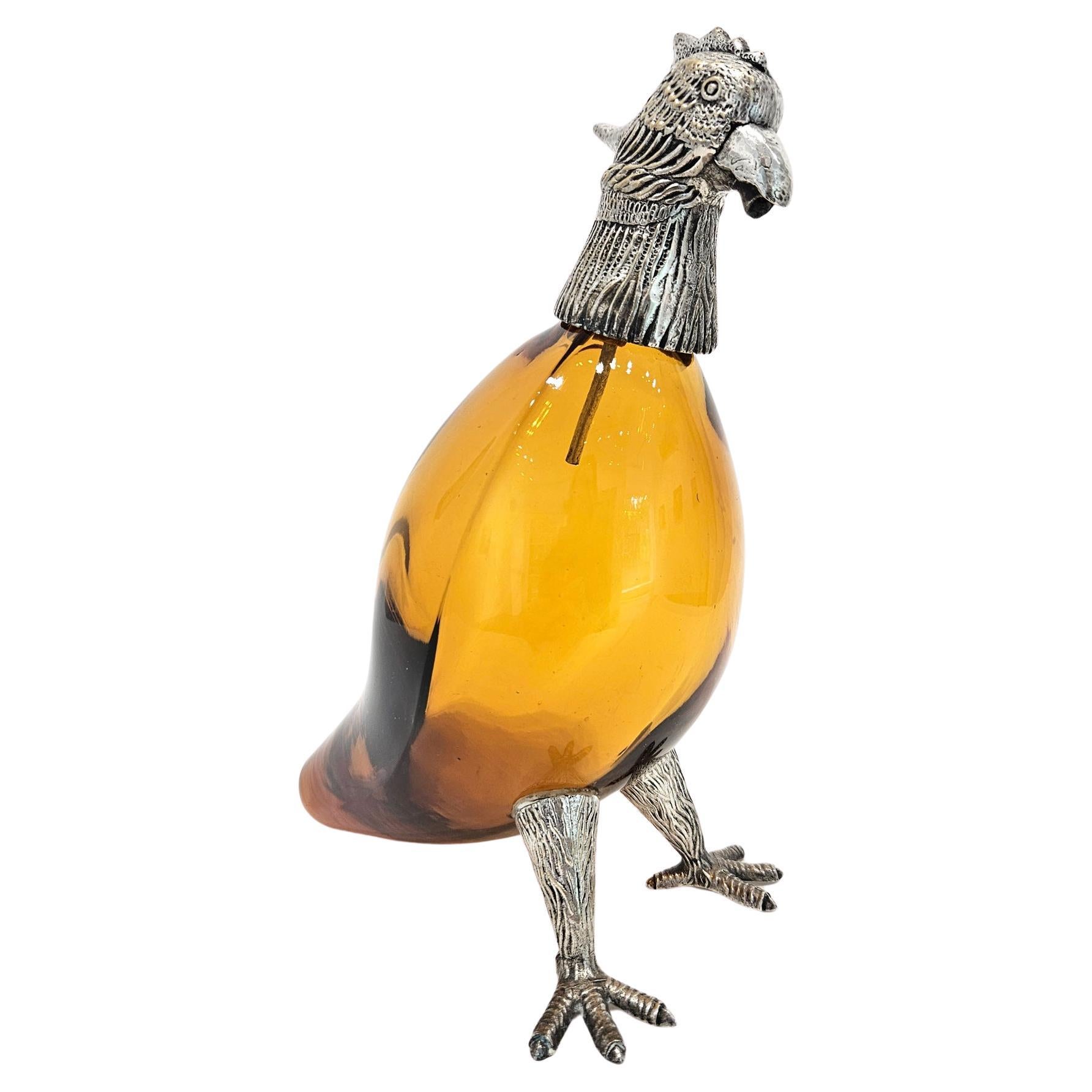 French Amber Glass Silver Plate Pheasant/Grouse Game Hunting Claret Jug 20th C