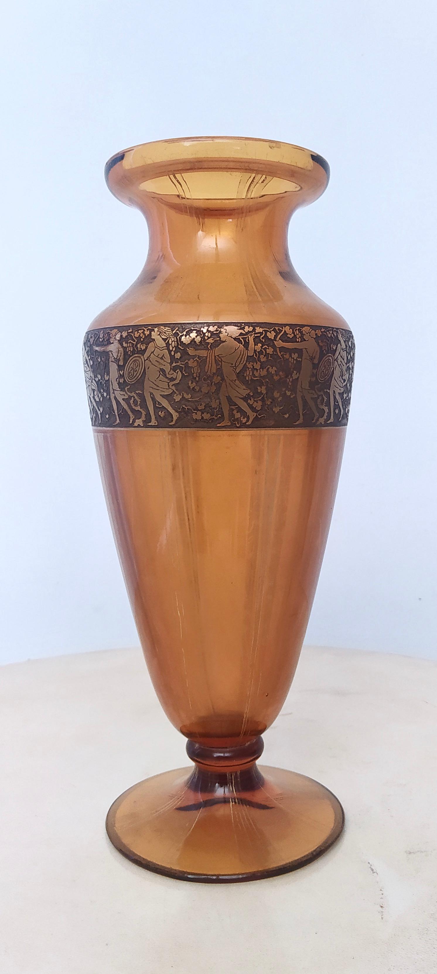 Czech Vintage Amber Glass Vase by Moser Karlsbad with Gold Mythological Motives