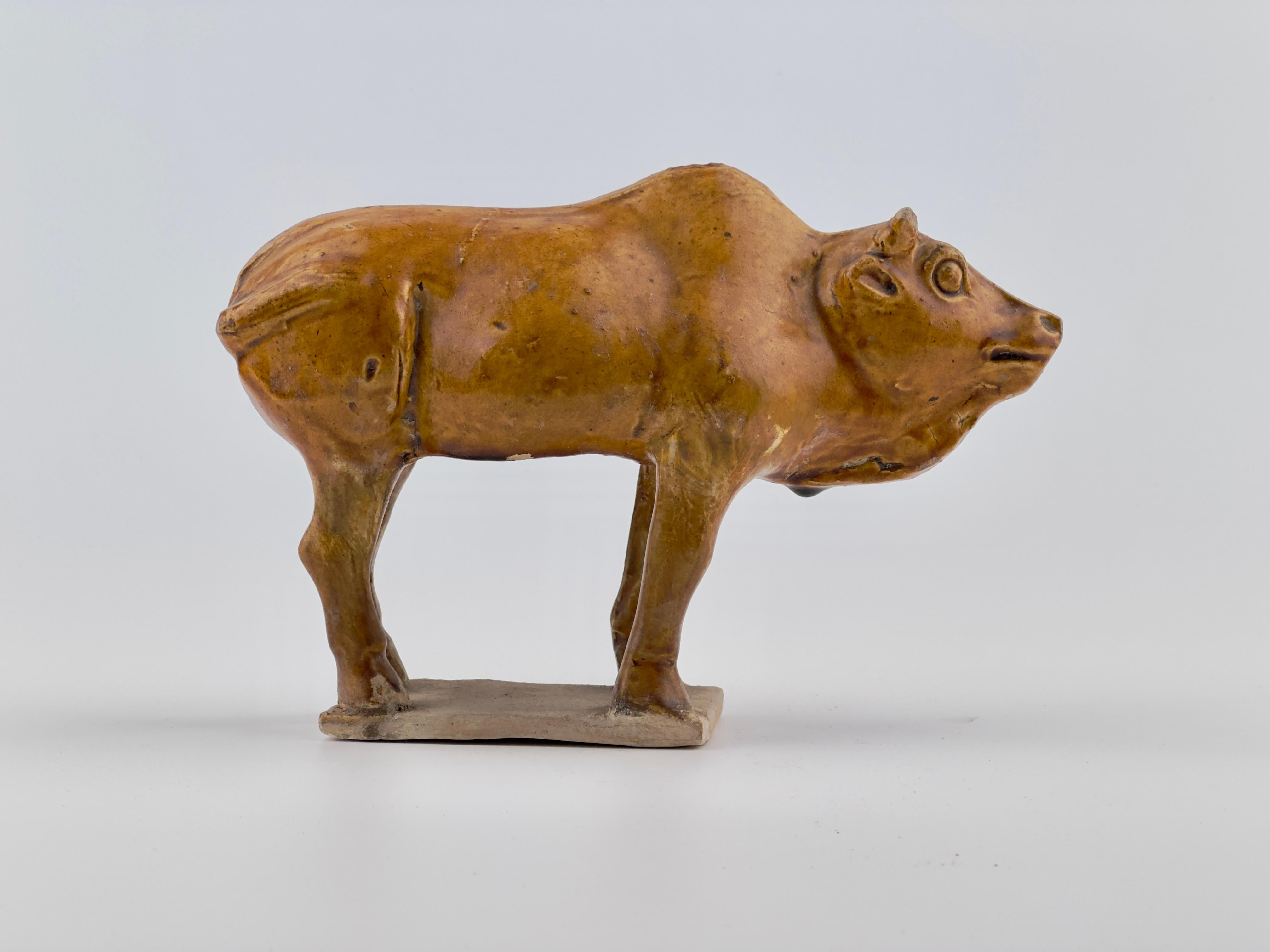 18th Century and Earlier Amber-Glazed Pottery Figure of Sacred Bull, Tang-Liao Dynasty (7-12th Century) For Sale