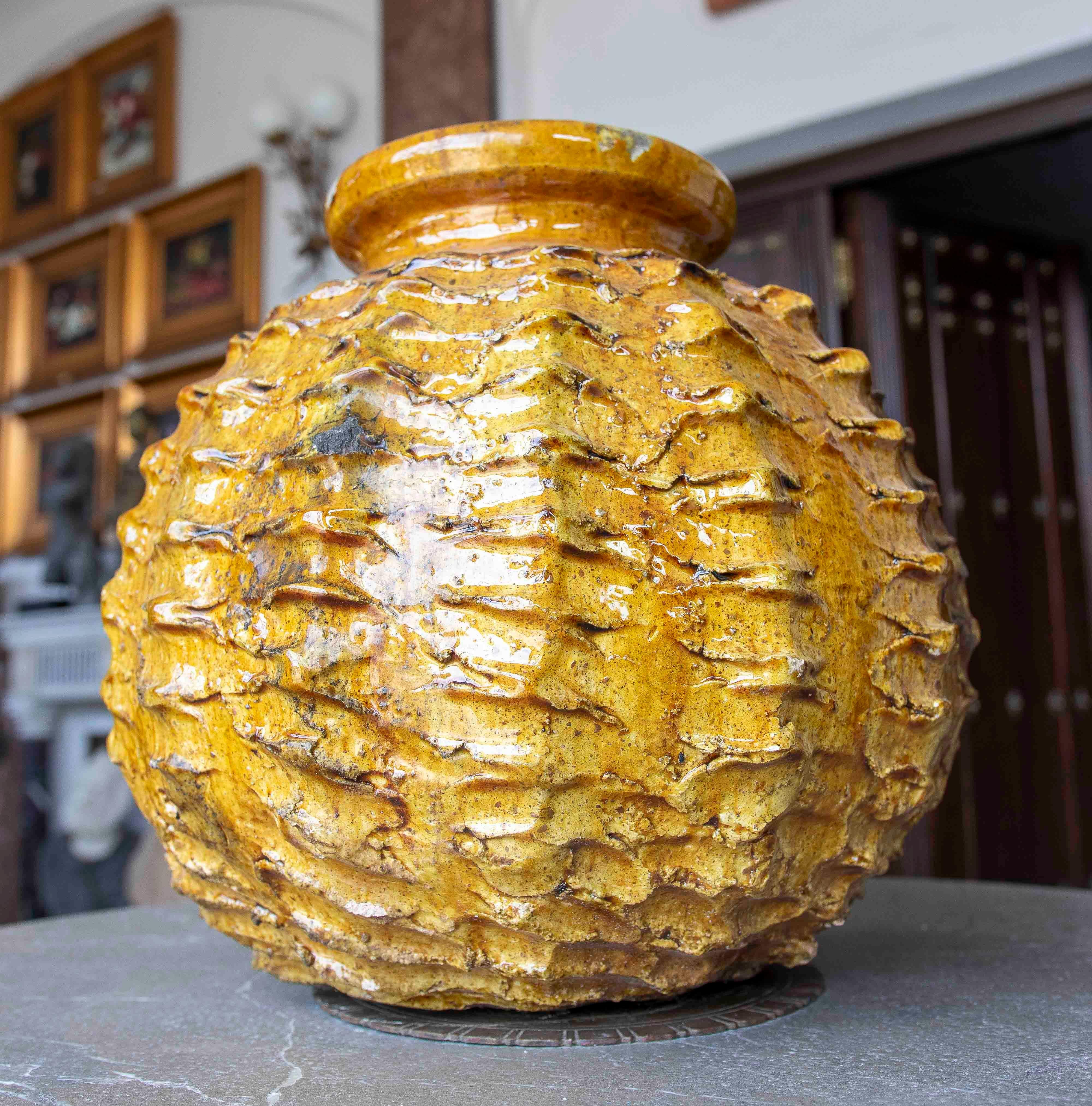 Amber Glazed Sculptural Vase with Organic Texture For Sale 4