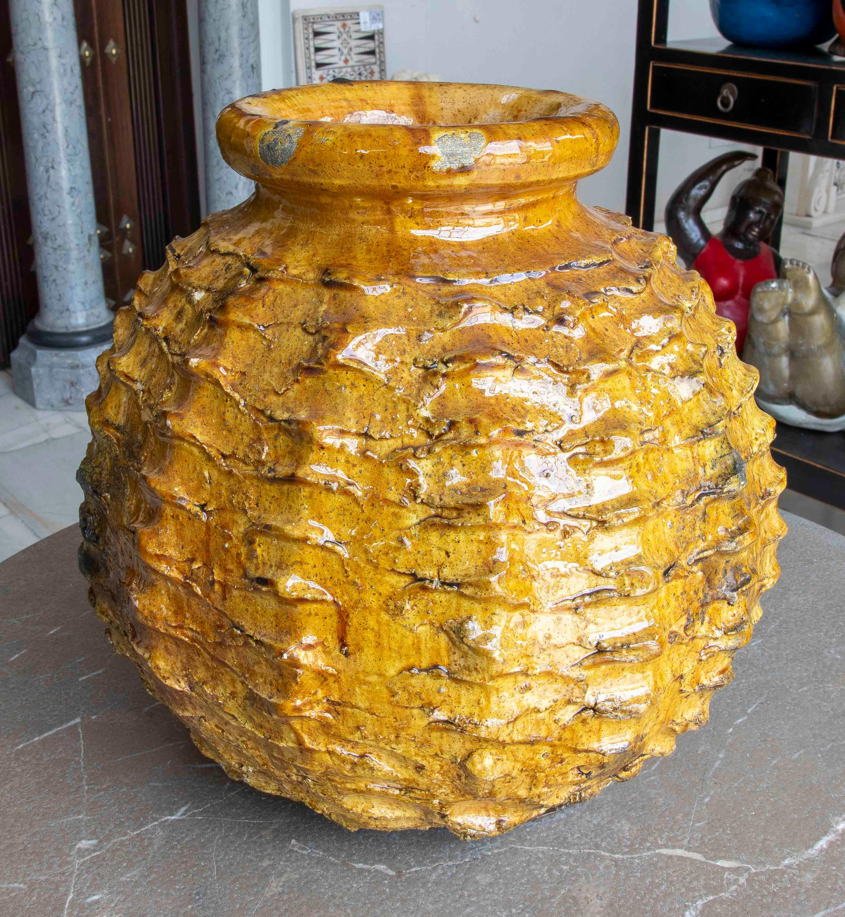 European Amber Glazed Sculptural Vase with Organic Texture For Sale