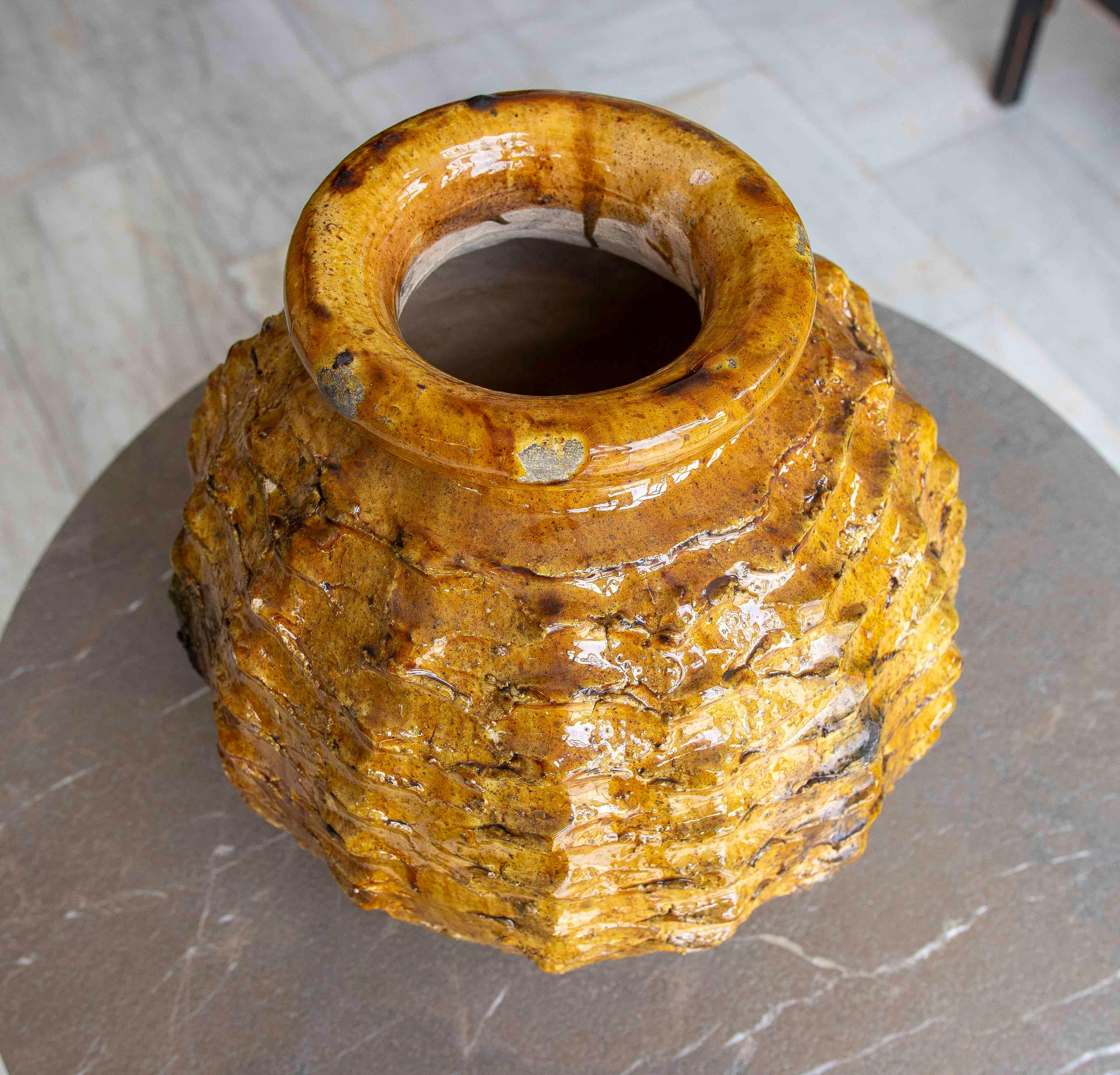 Amber Glazed Sculptural Vase with Organic Texture In Good Condition For Sale In Marbella, ES