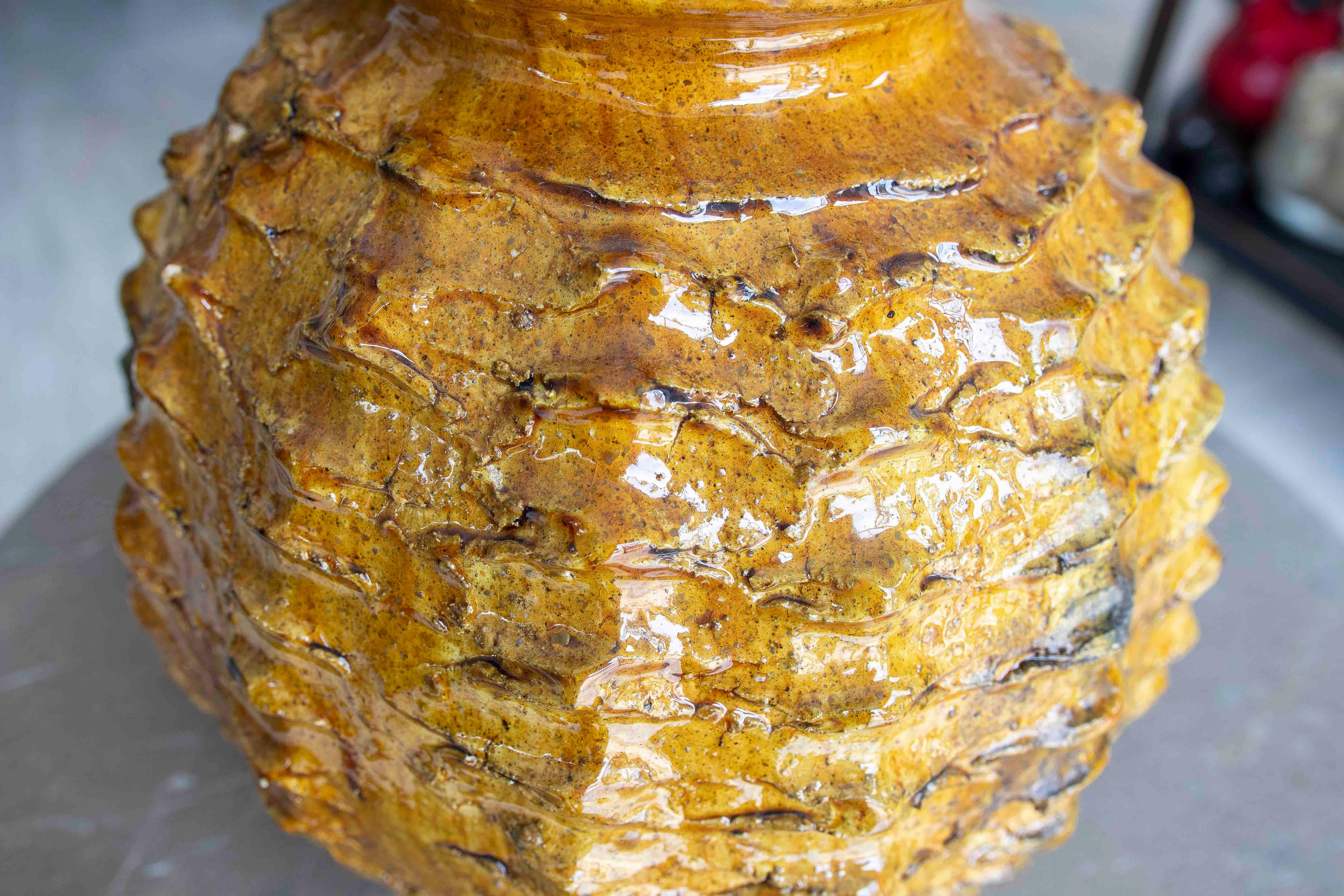 Contemporary Amber Glazed Sculptural Vase with Organic Texture For Sale