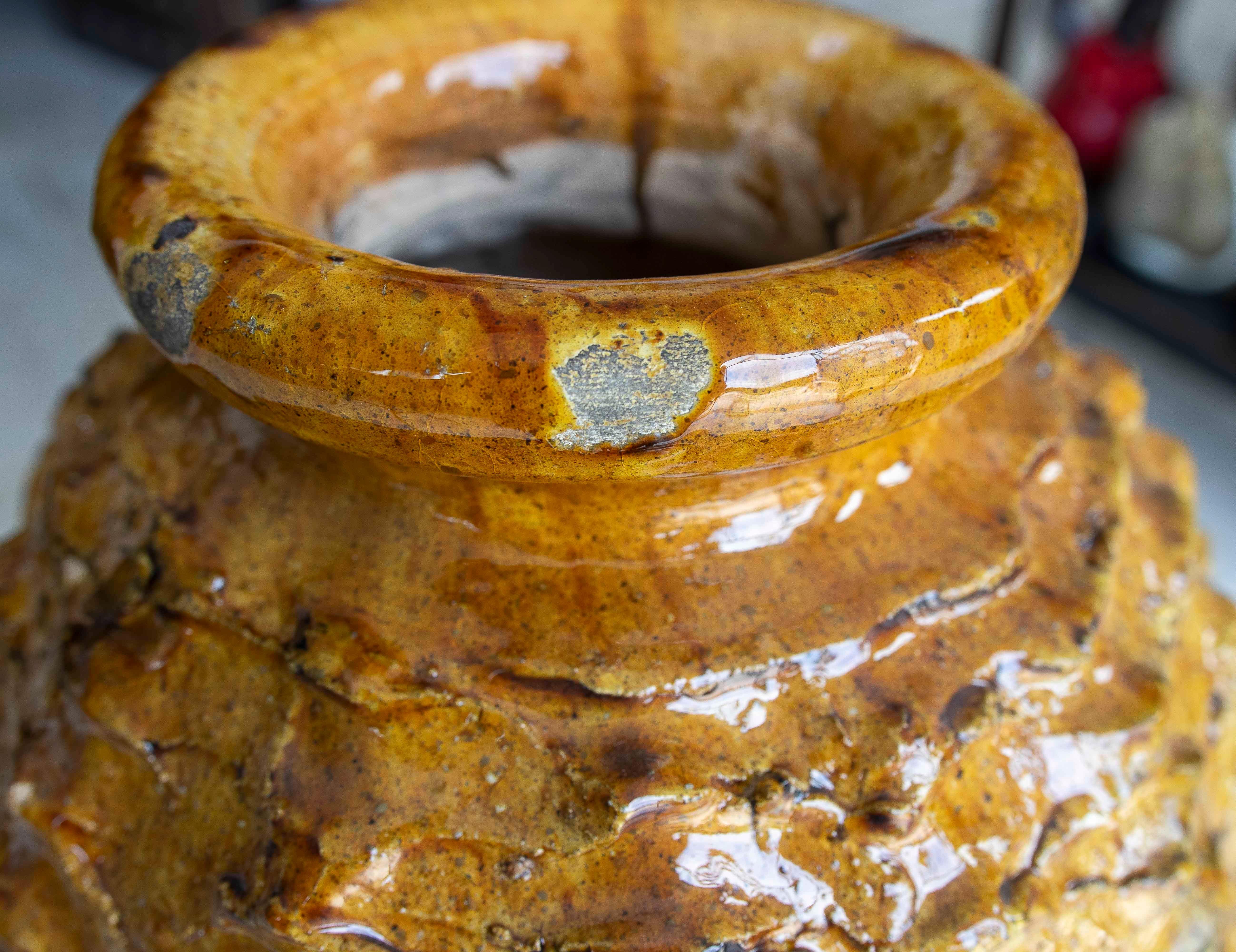 Ceramic Amber Glazed Sculptural Vase with Organic Texture For Sale