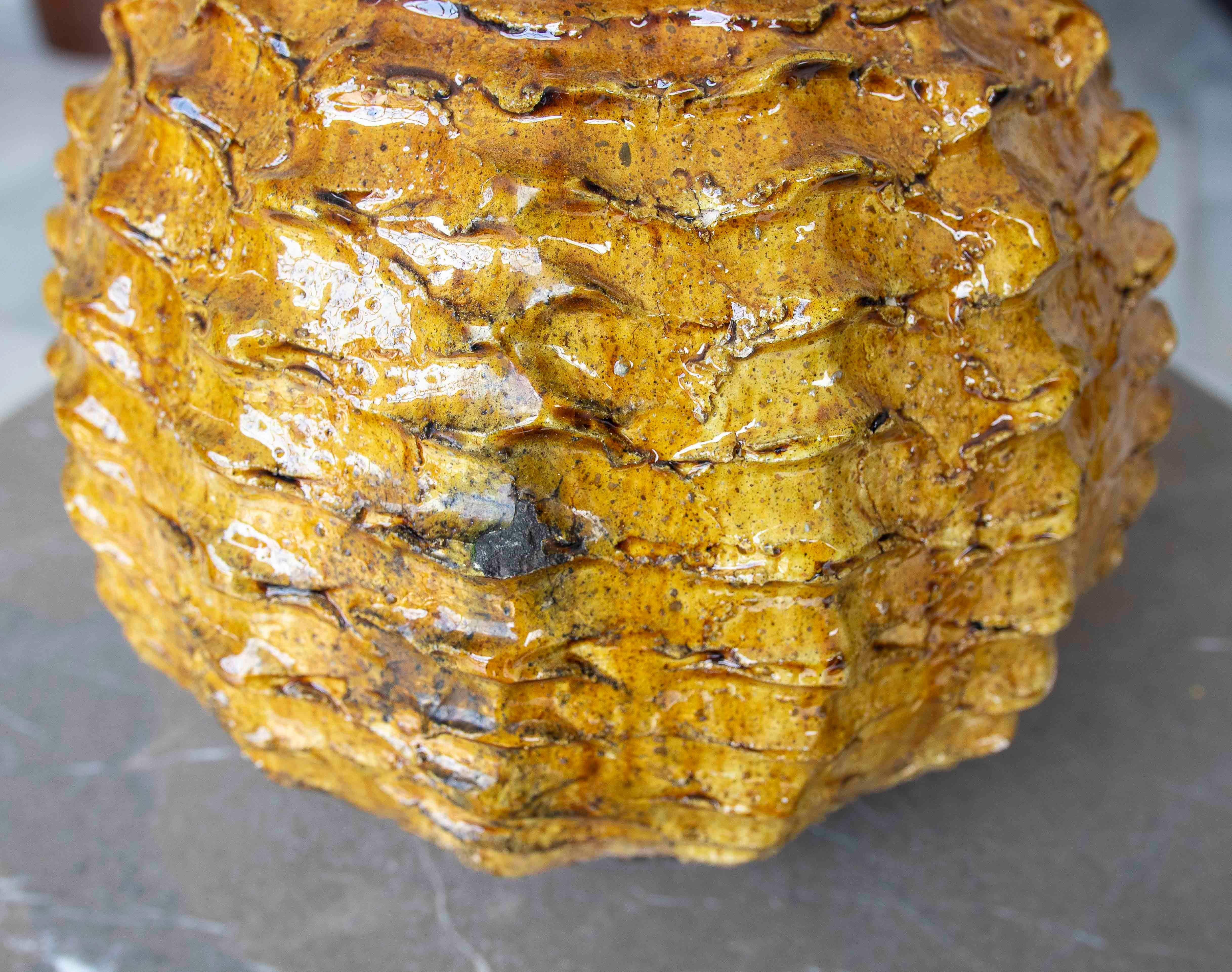 Amber Glazed Sculptural Vase with Organic Texture For Sale 1