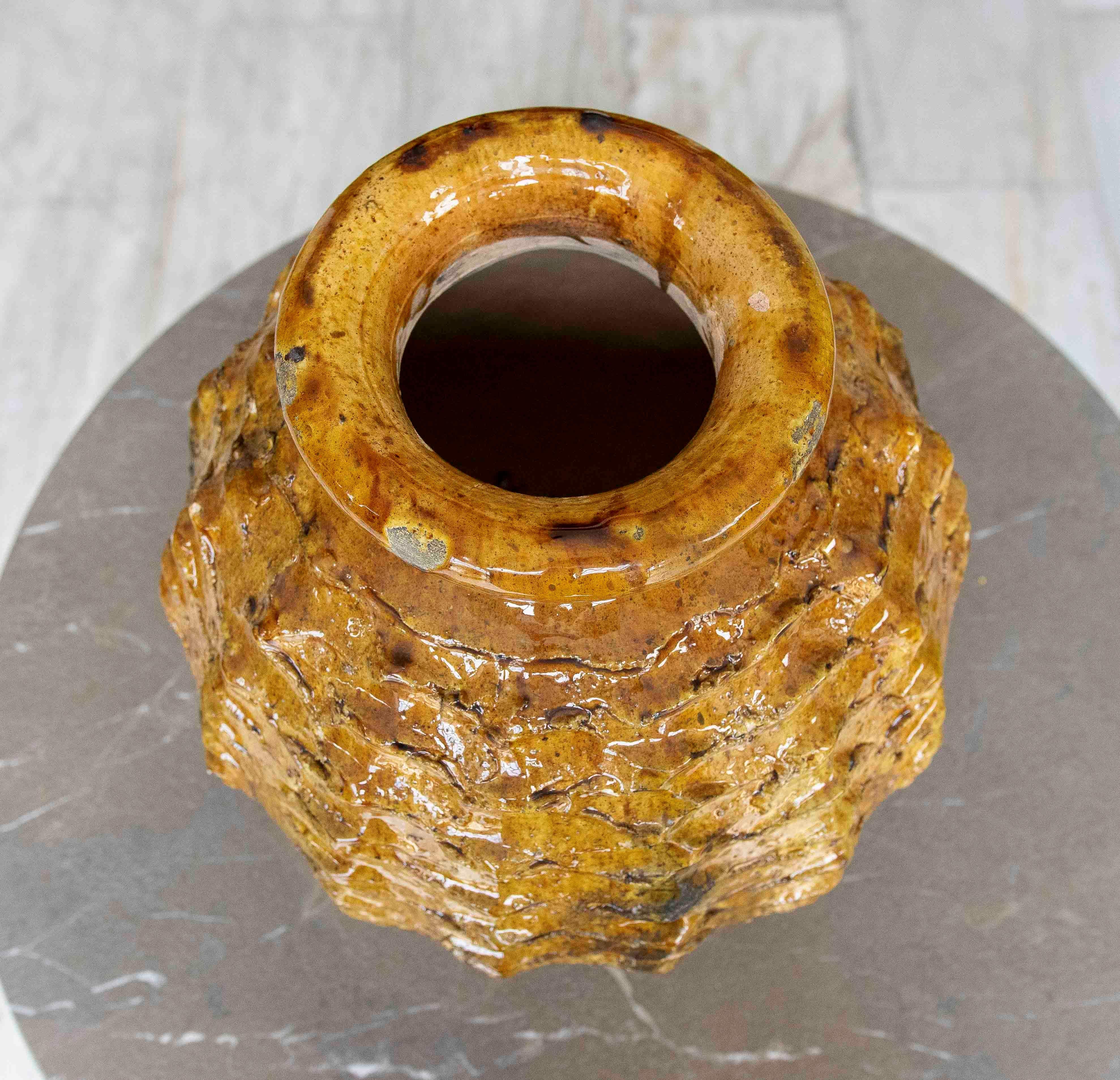 Amber Glazed Sculptural Vase with Organic Texture For Sale 2