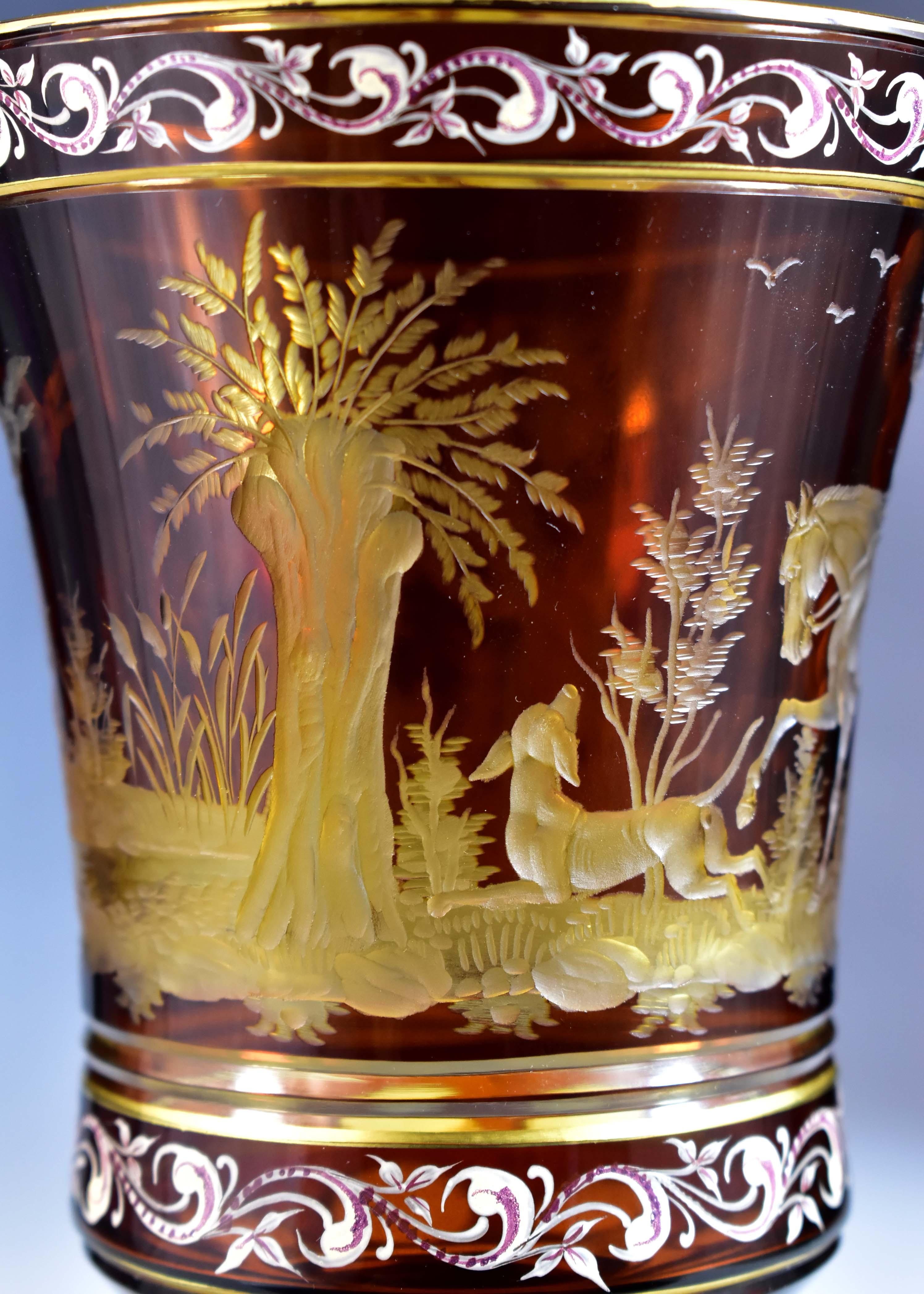 Amber Goblet – Engraved Hunting motif – Bohemian Glass 20th century 4