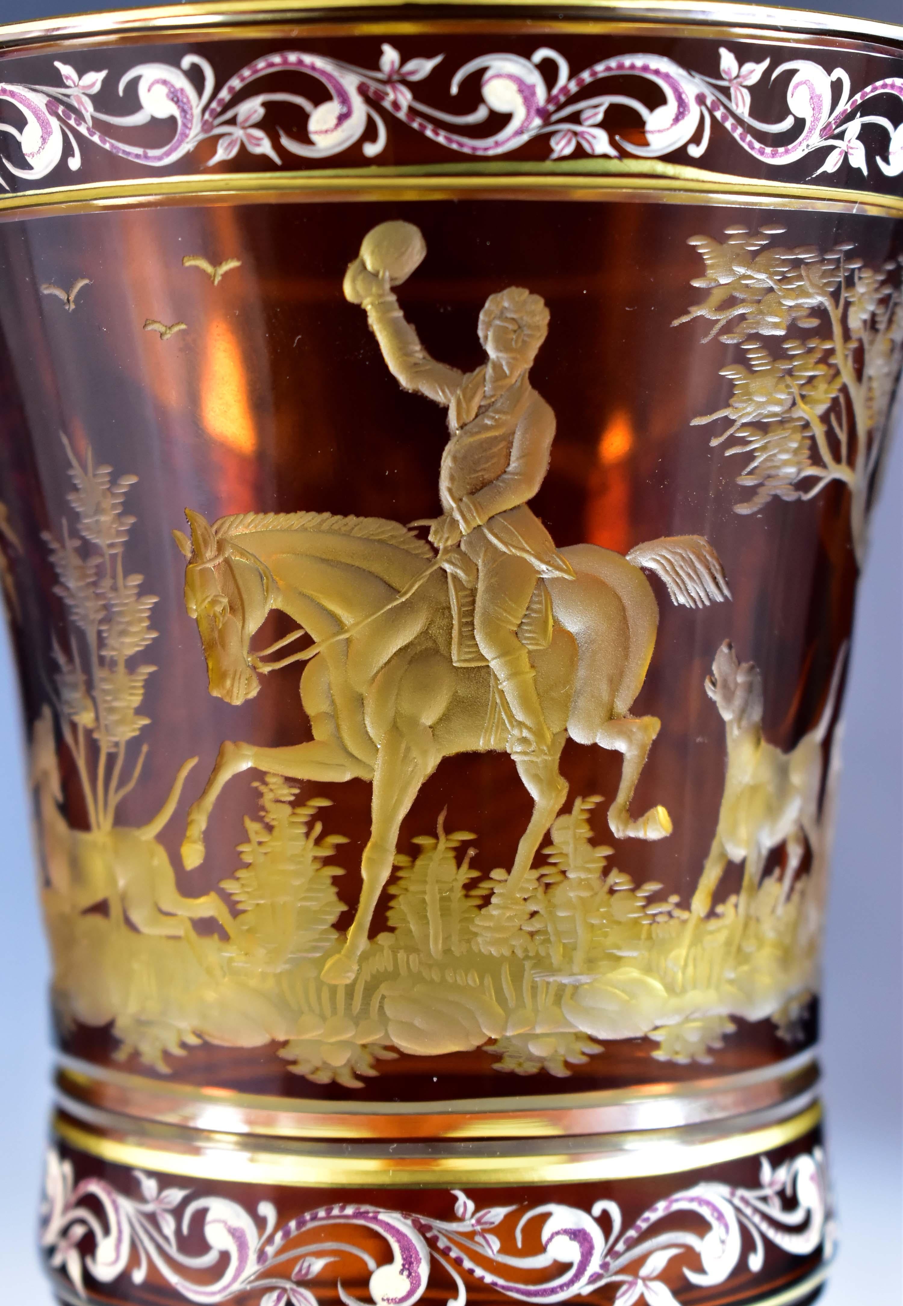 Amber Goblet – Engraved Hunting motif – Bohemian Glass 20th century 5