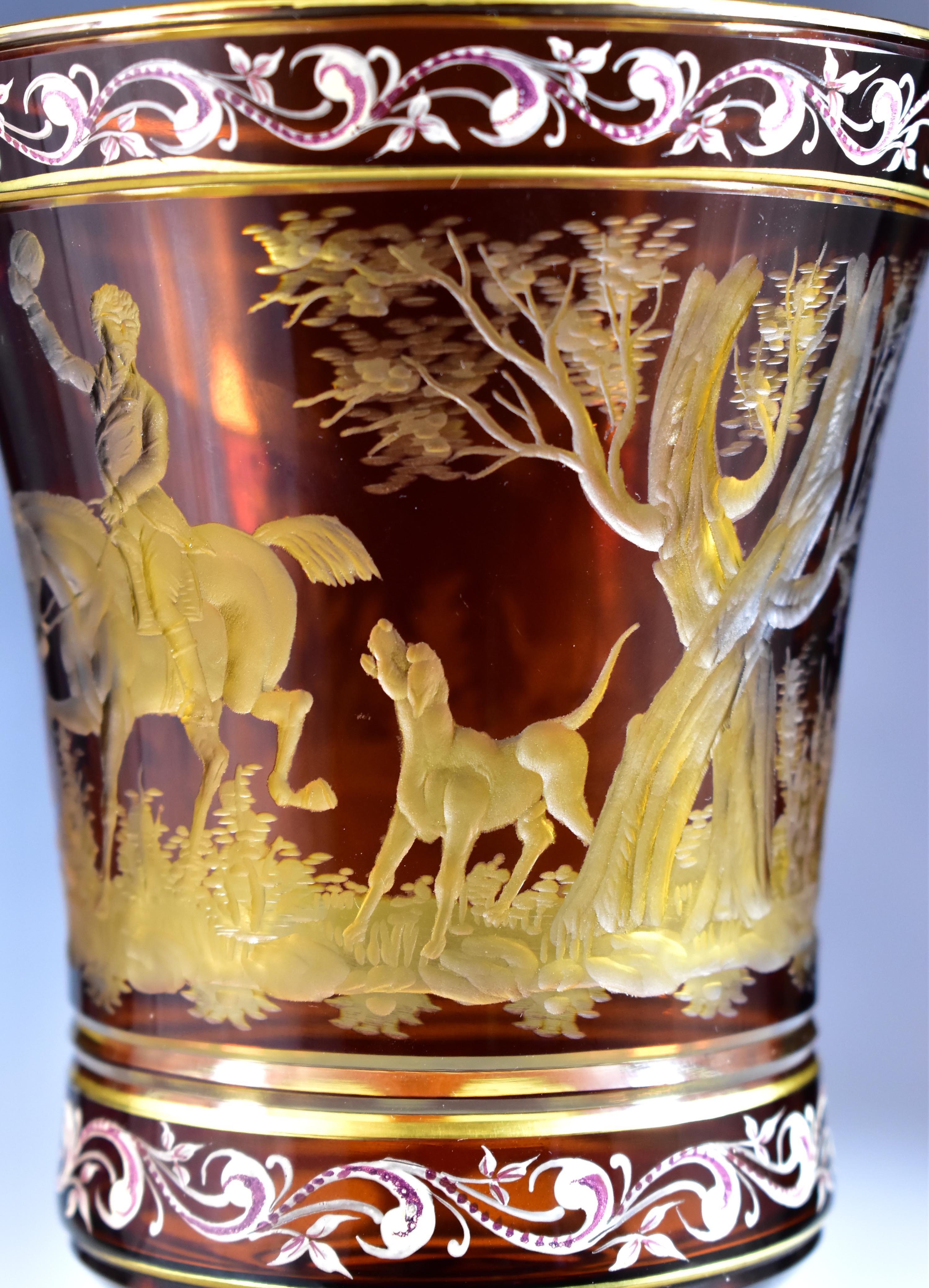 Amber Goblet – Engraved Hunting motif – Bohemian Glass 20th century 6