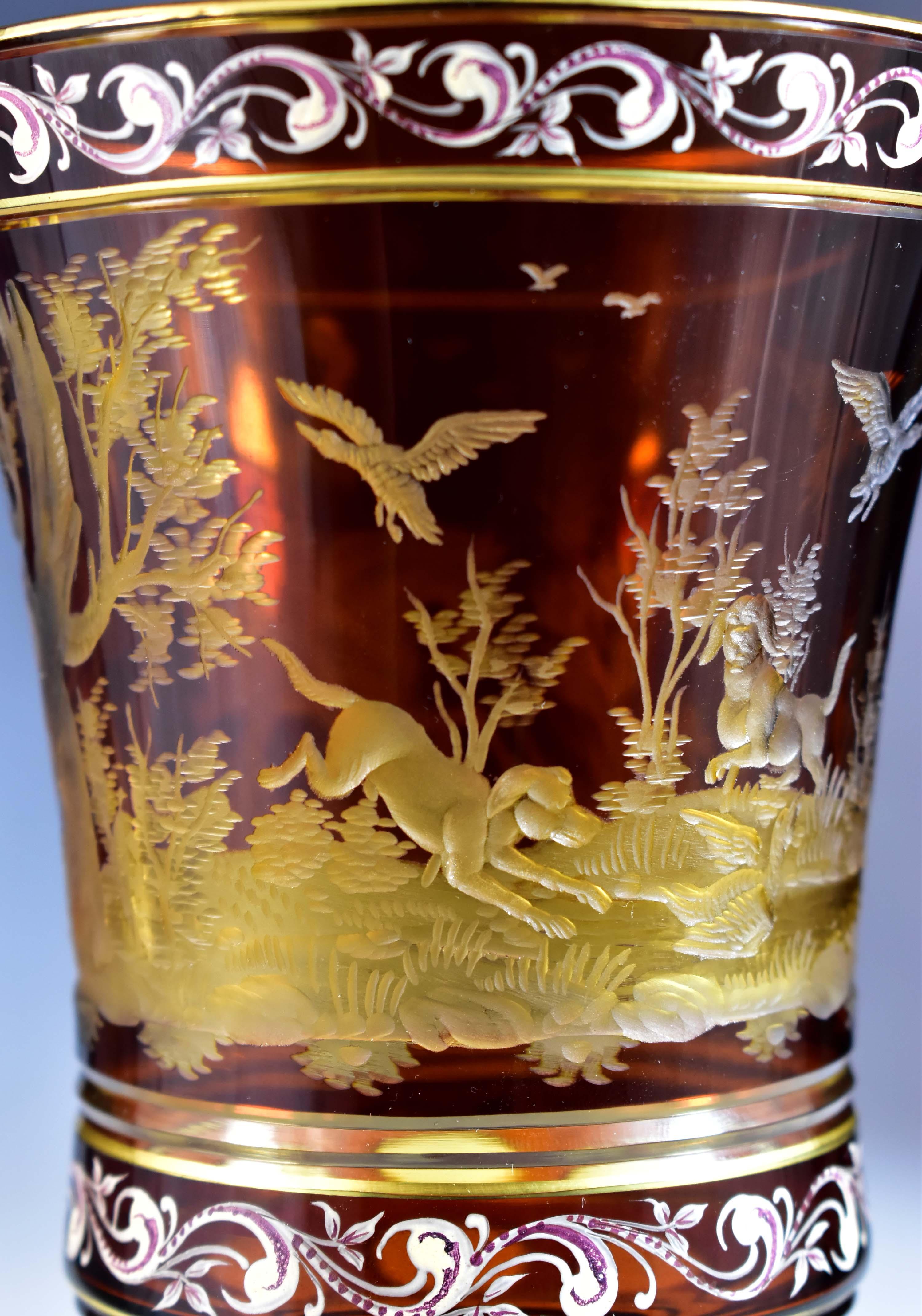 Amber Goblet – Engraved Hunting motif – Bohemian Glass 20th century 7