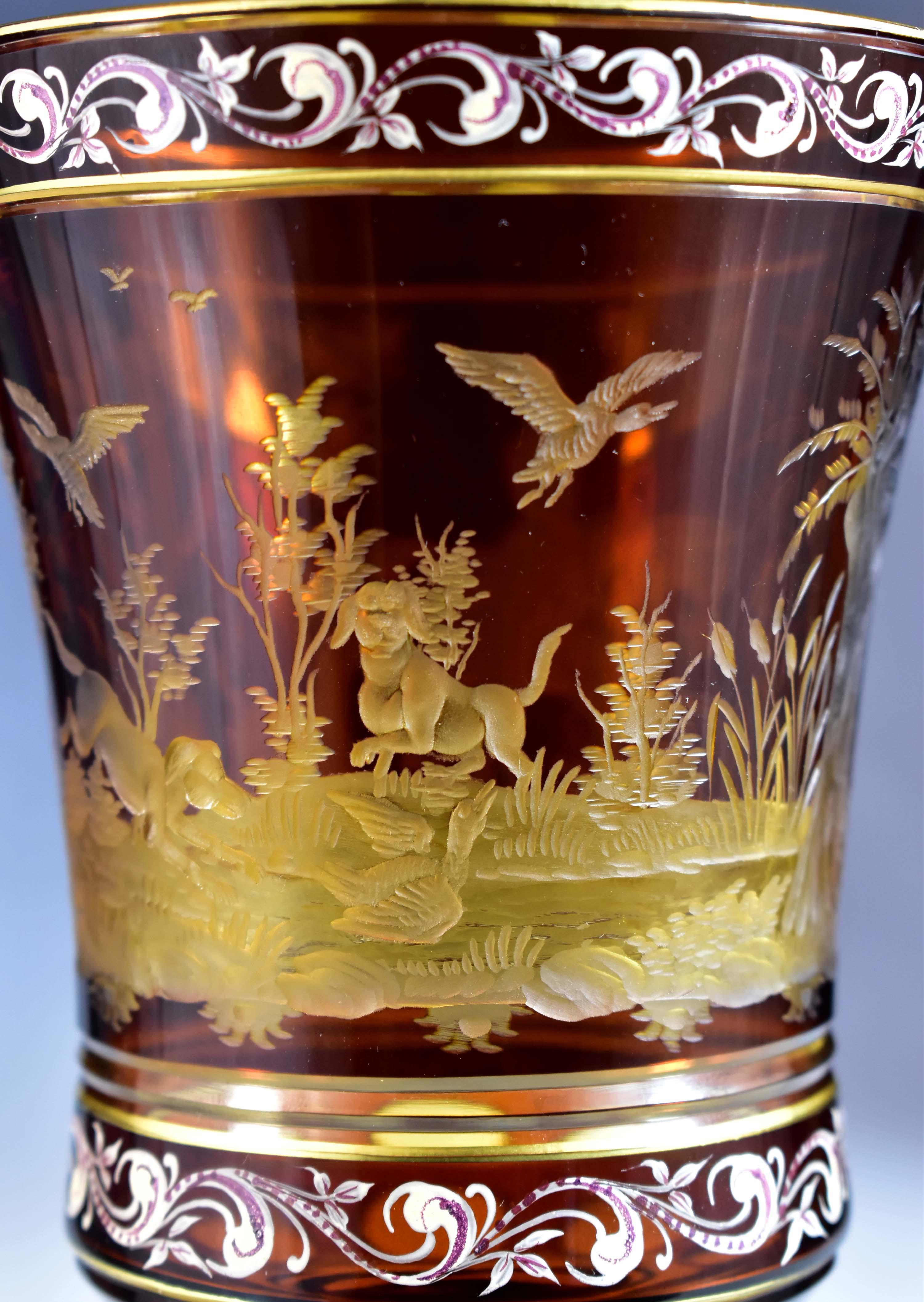 Amber Goblet – Engraved Hunting motif – Bohemian Glass 20th century 8