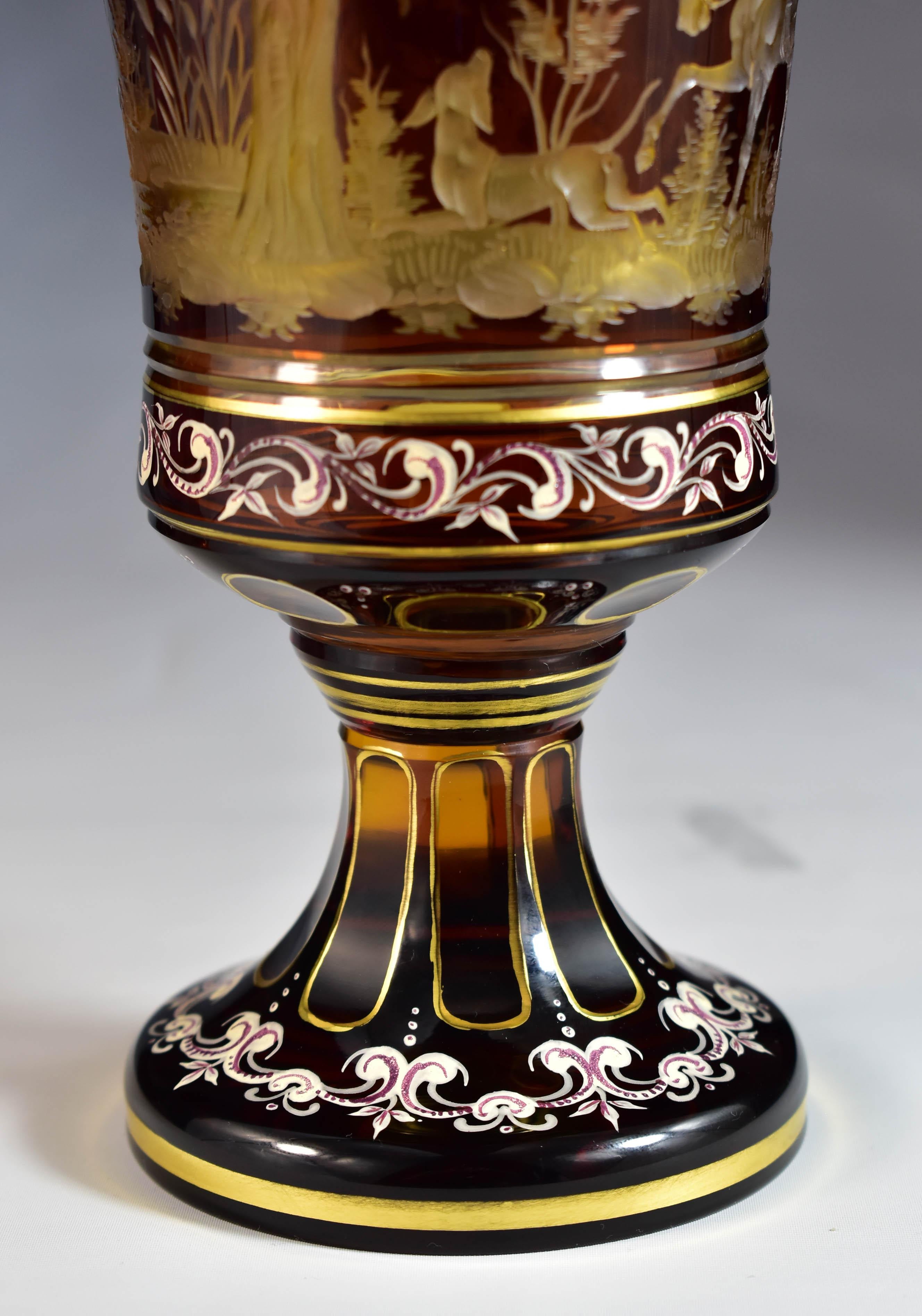 Amber Goblet – Engraved Hunting motif – Bohemian Glass 20th century 9