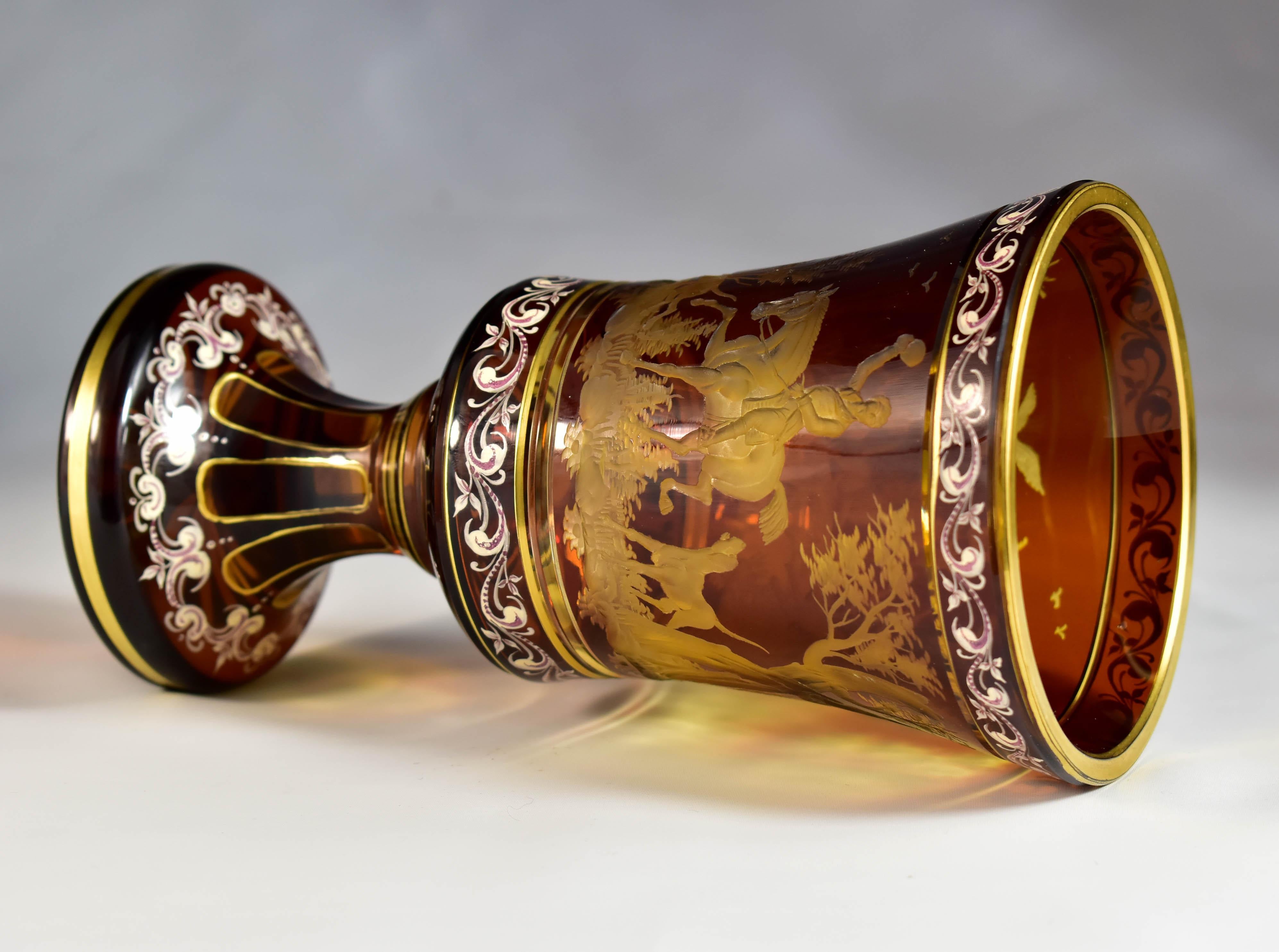 Amber Goblet – Engraved Hunting motif – Bohemian Glass 20th century 10