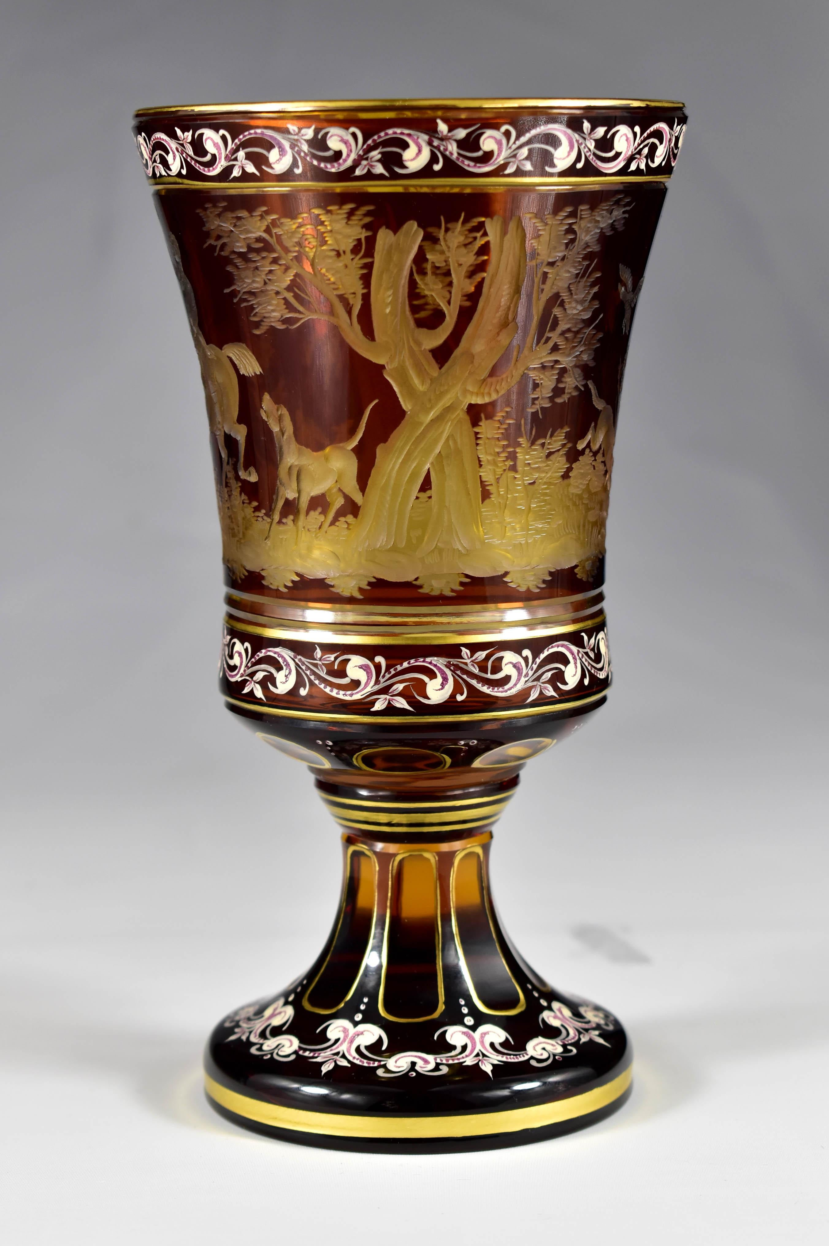 Hand-Crafted Amber Goblet – Engraved Hunting motif – Bohemian Glass 20th century