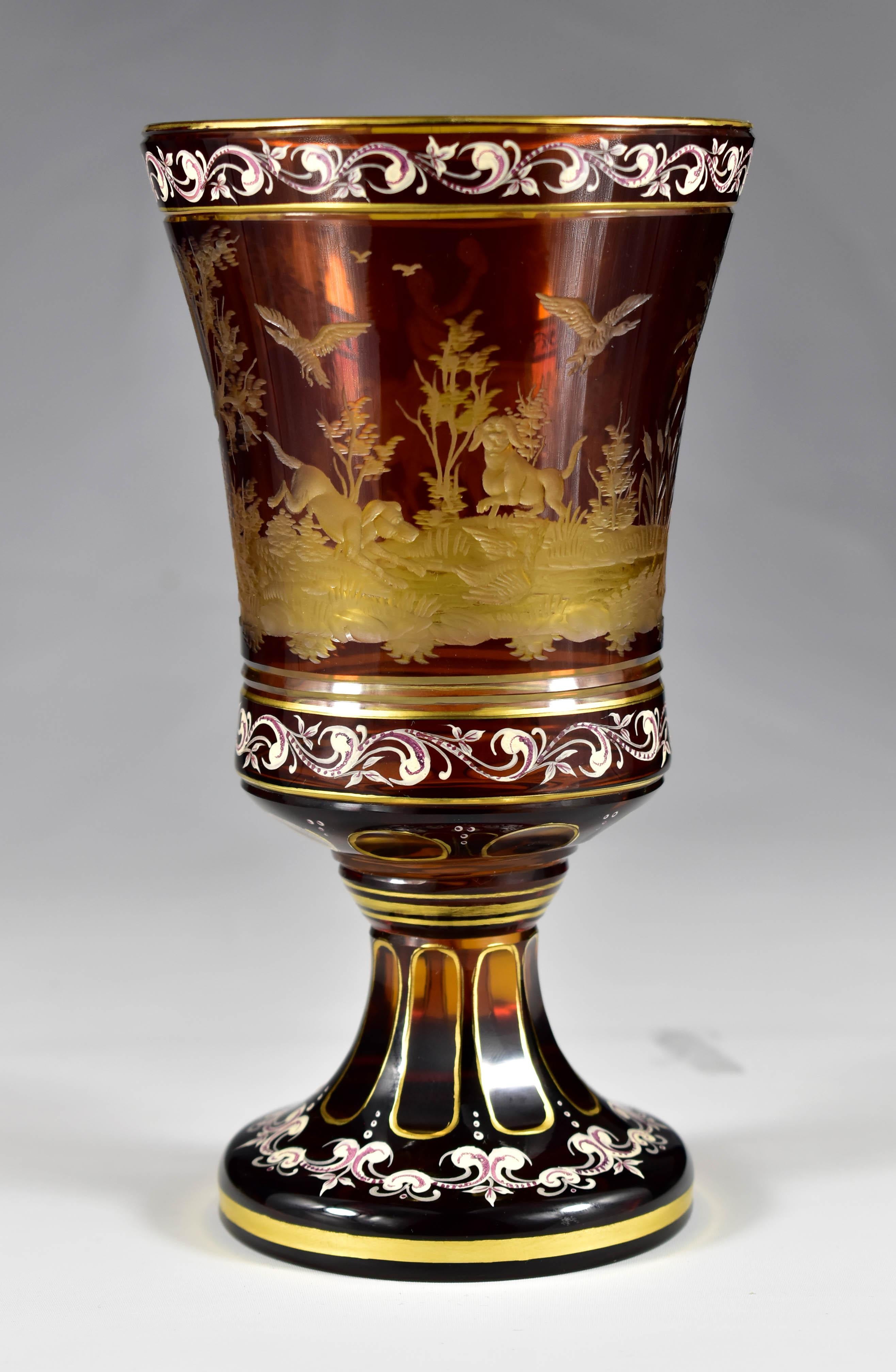 Amber Goblet – Engraved Hunting motif – Bohemian Glass 20th century In Good Condition In Nový Bor, CZ