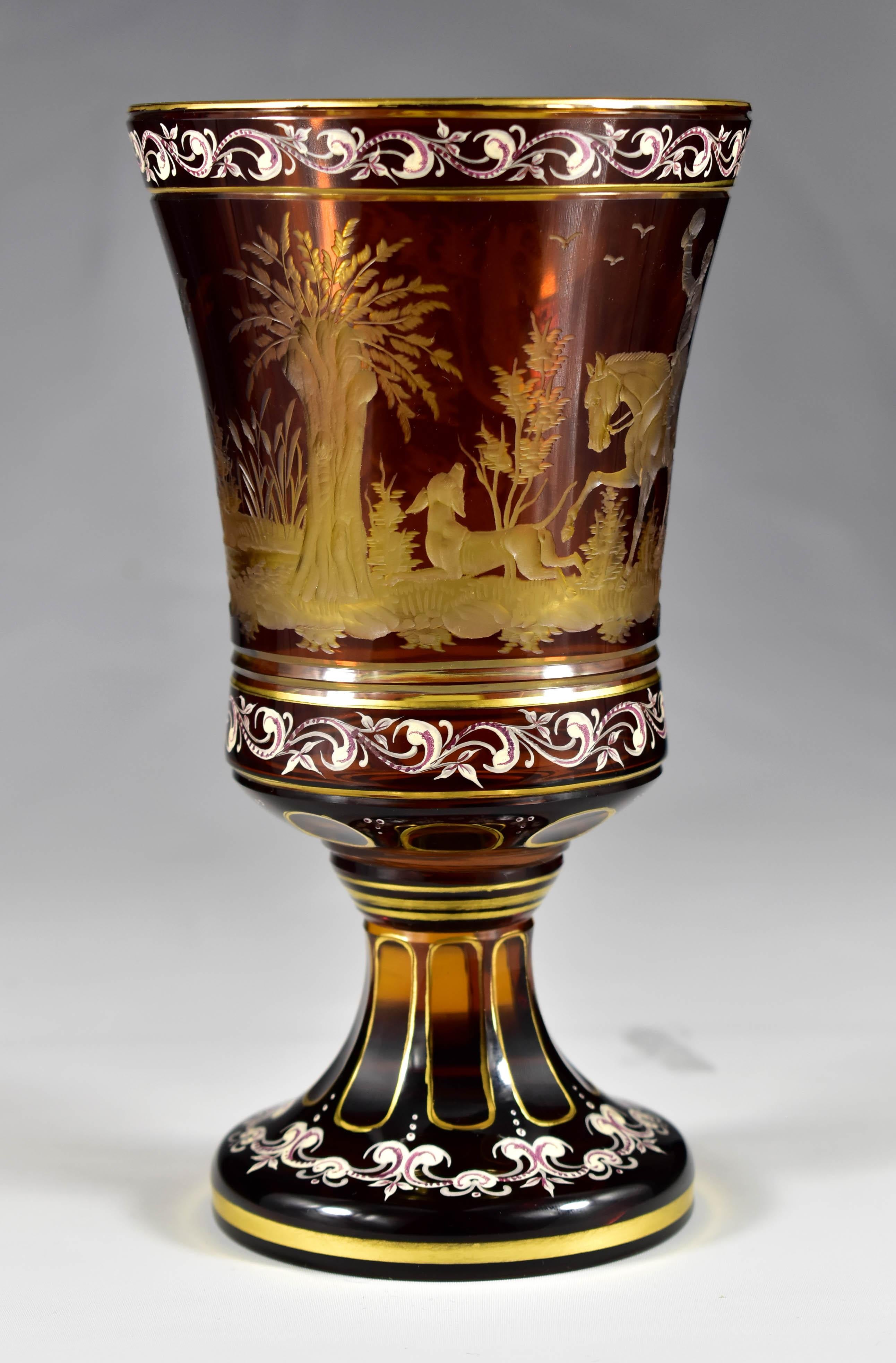 20th Century Amber Goblet – Engraved Hunting motif – Bohemian Glass 20th century