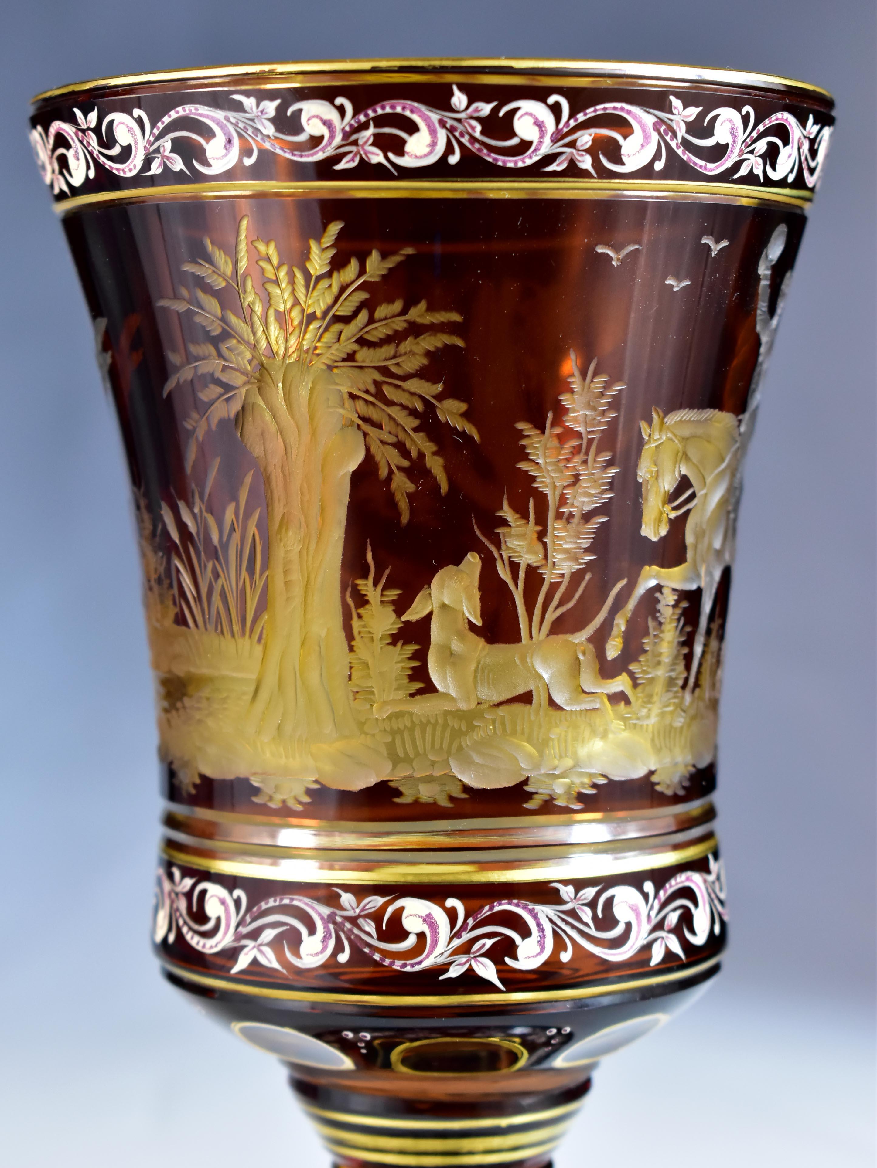 Art Glass Amber Goblet – Engraved Hunting motif – Bohemian Glass 20th century
