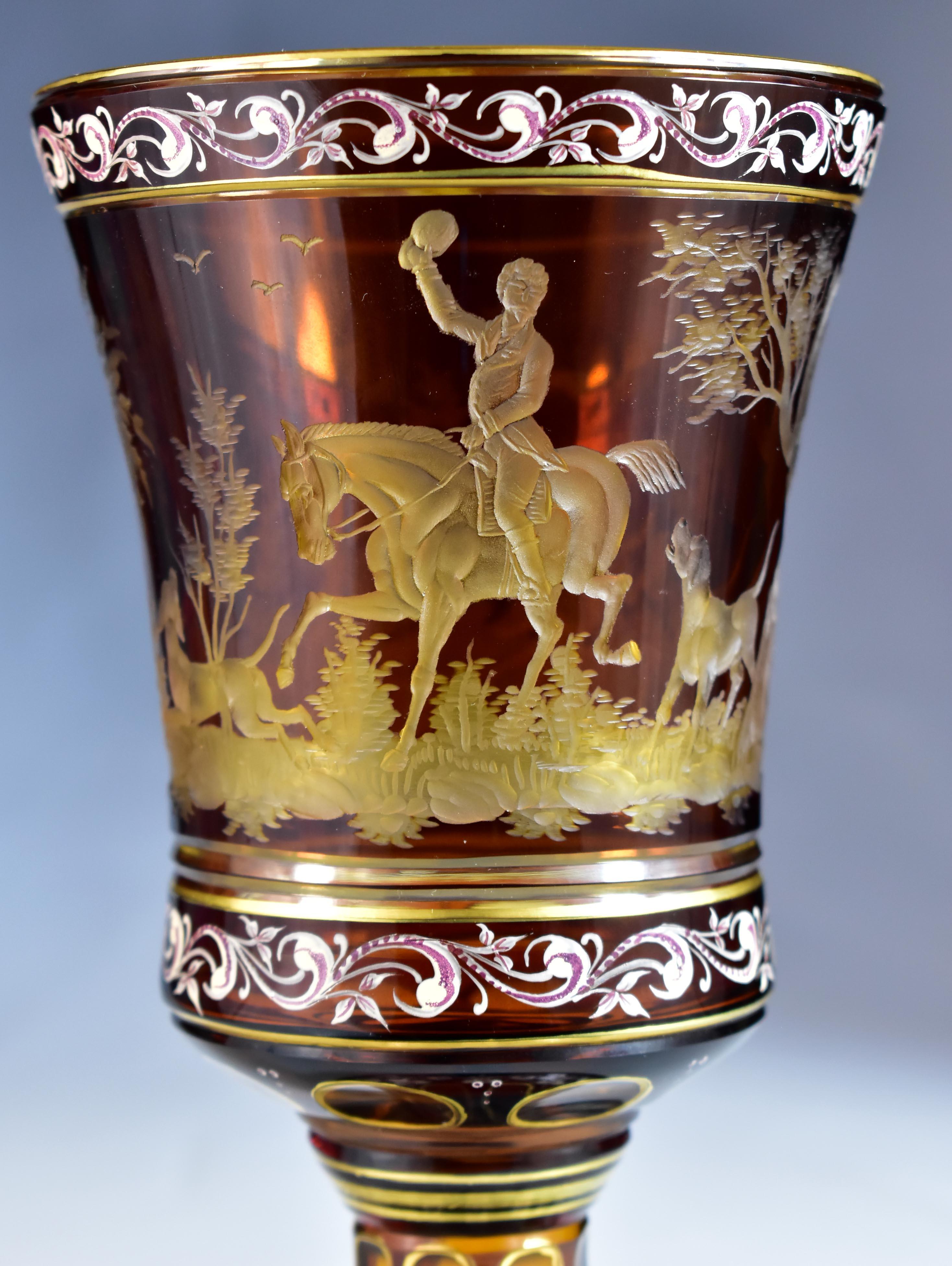 Amber Goblet – Engraved Hunting motif – Bohemian Glass 20th century 1