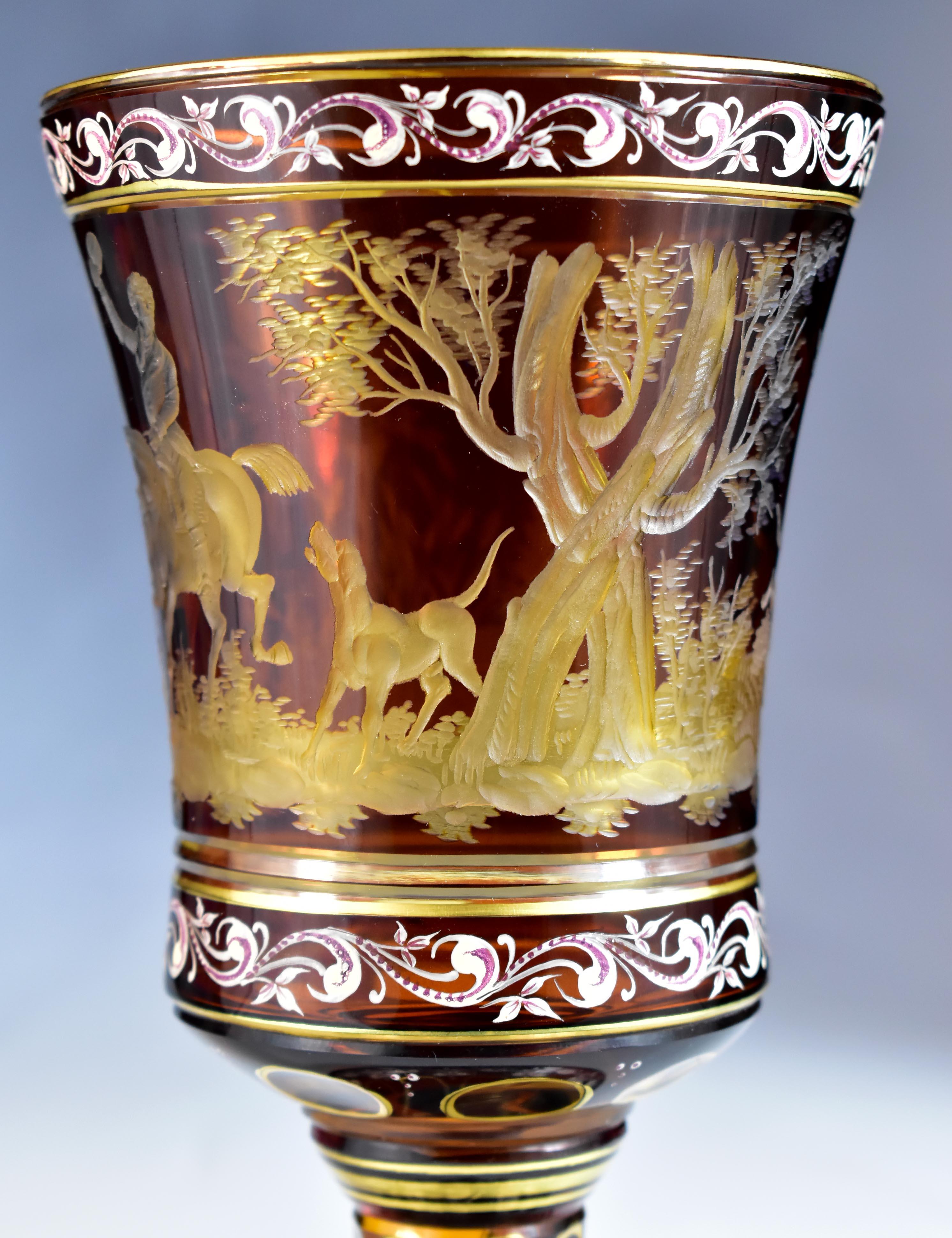 Amber Goblet – Engraved Hunting motif – Bohemian Glass 20th century 2