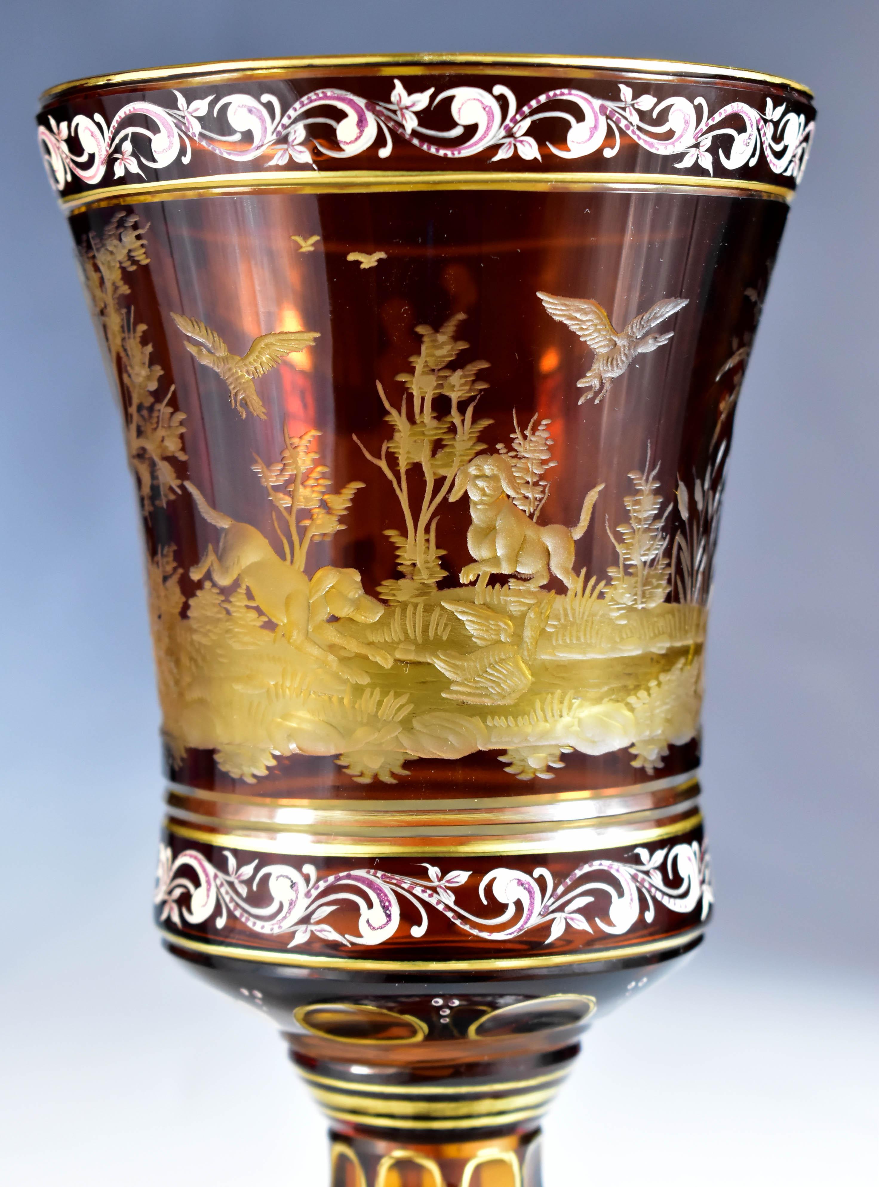 Amber Goblet – Engraved Hunting motif – Bohemian Glass 20th century 3