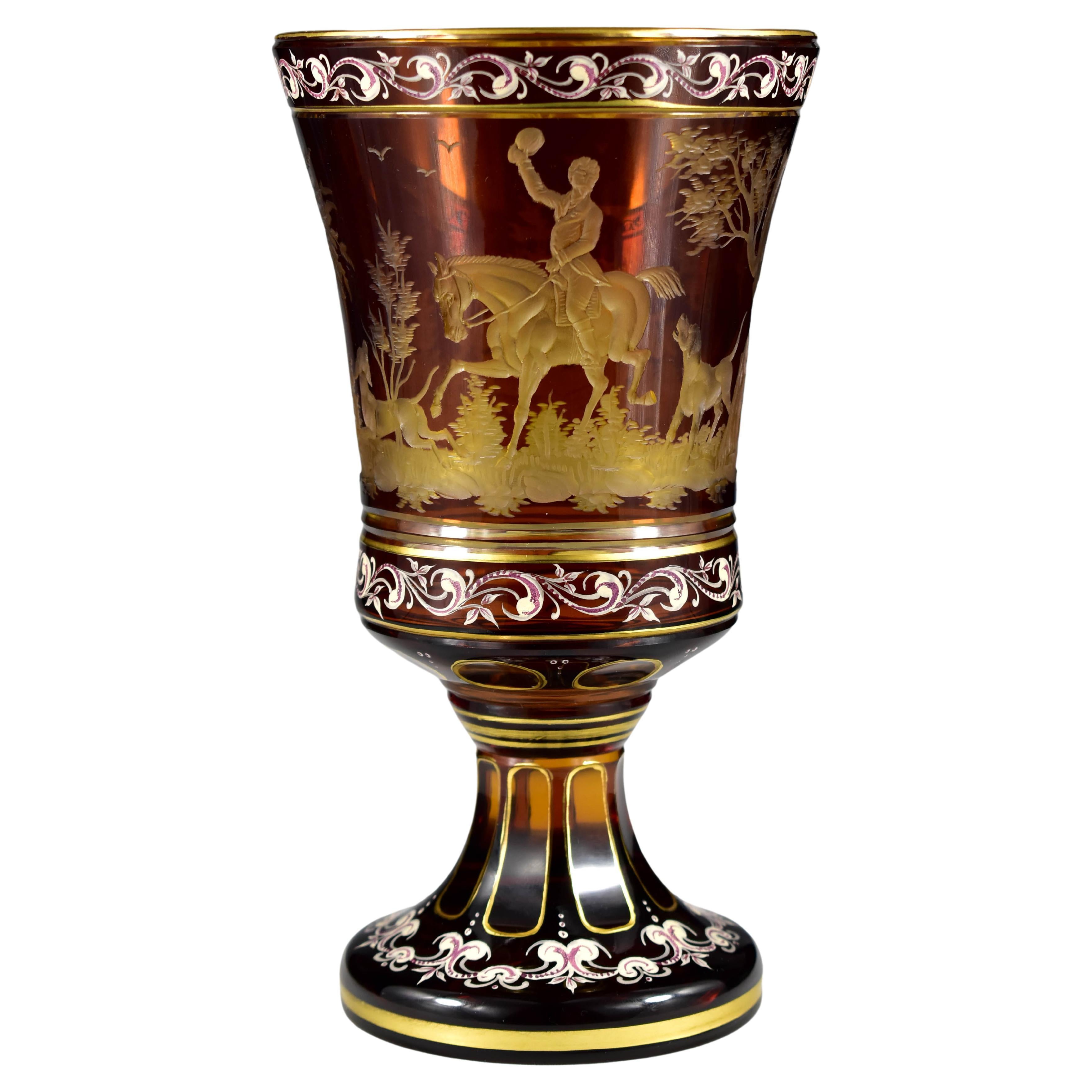 Amber Goblet – Engraved Hunting motif – Bohemian Glass 20th century