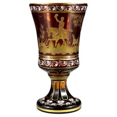 Vintage Amber Goblet – Engraved Hunting motif – Bohemian Glass 20th century