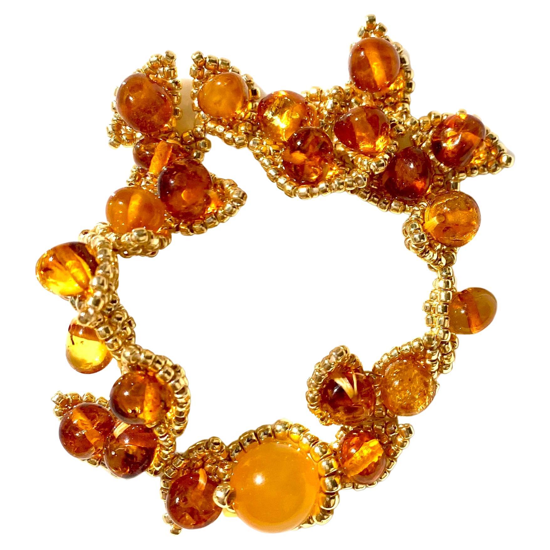 Amber & Gold Leaves Bracelet For Sale