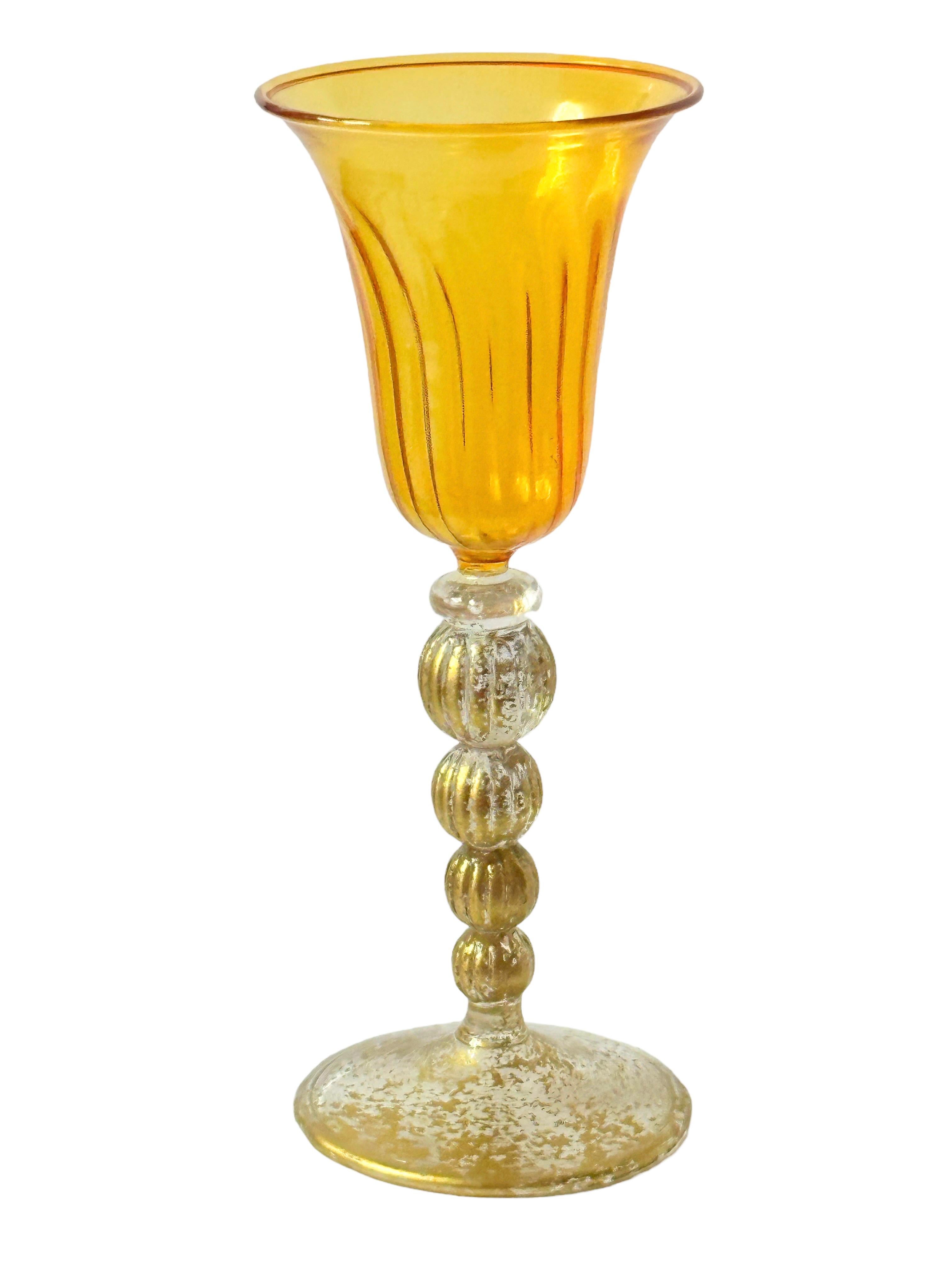 Renaissance Amber & Gold Stardust Salviati Murano Glass Liqueur Goblet, Vintage Italy  For Sale