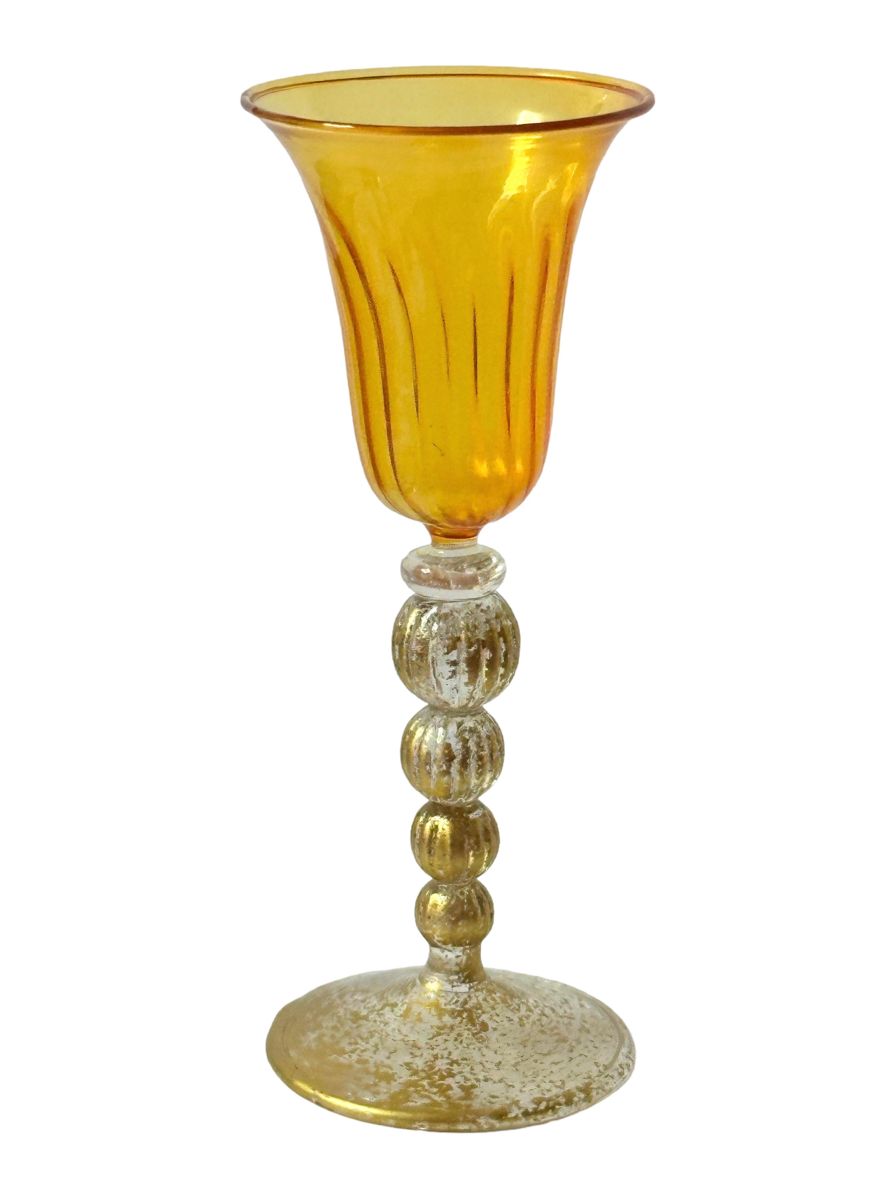 Italian Amber & Gold Stardust Salviati Murano Glass Liqueur Goblet, Vintage Italy  For Sale