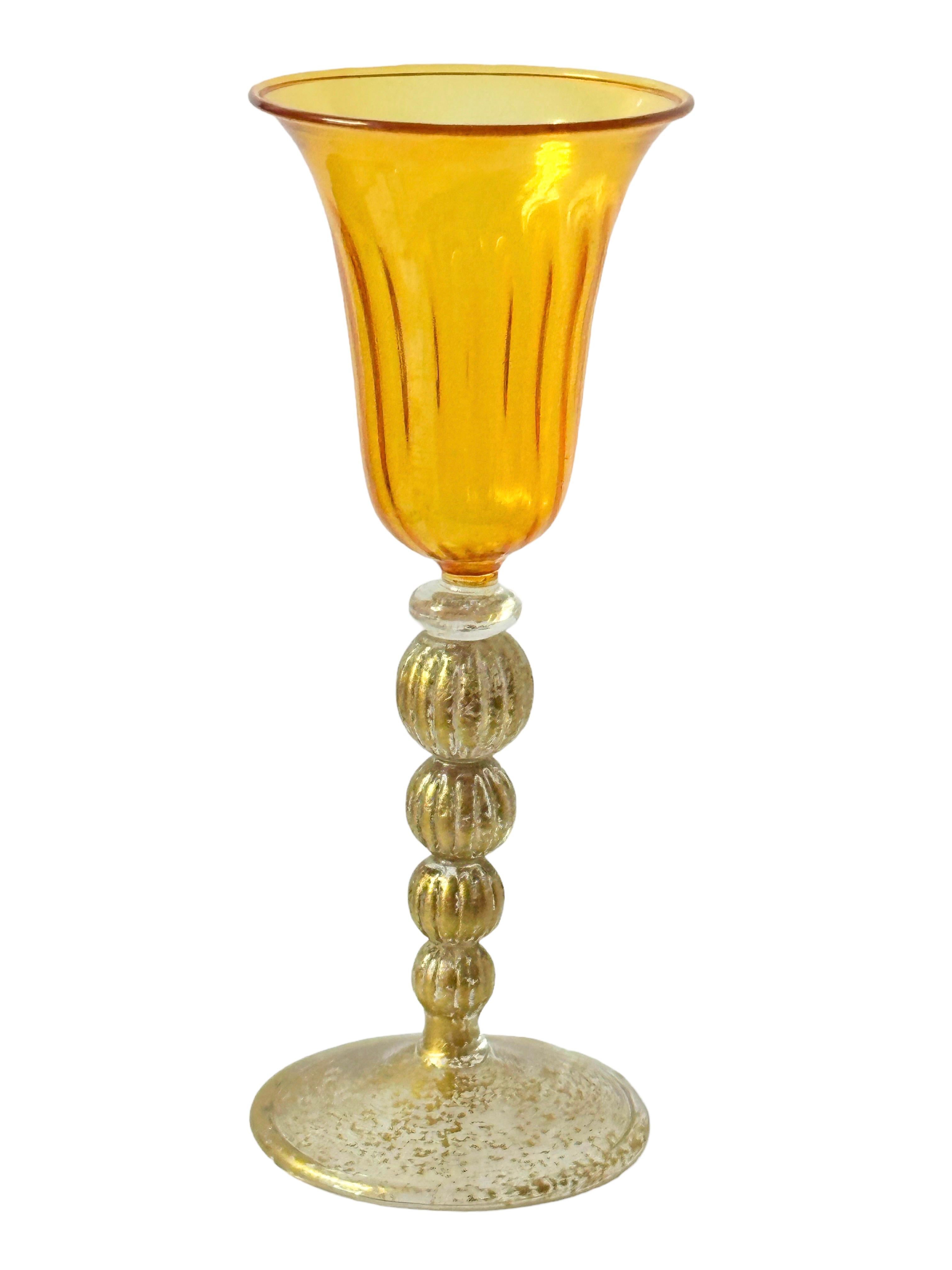 Hand-Crafted Amber & Gold Stardust Salviati Murano Glass Liqueur Goblet, Vintage Italy  For Sale