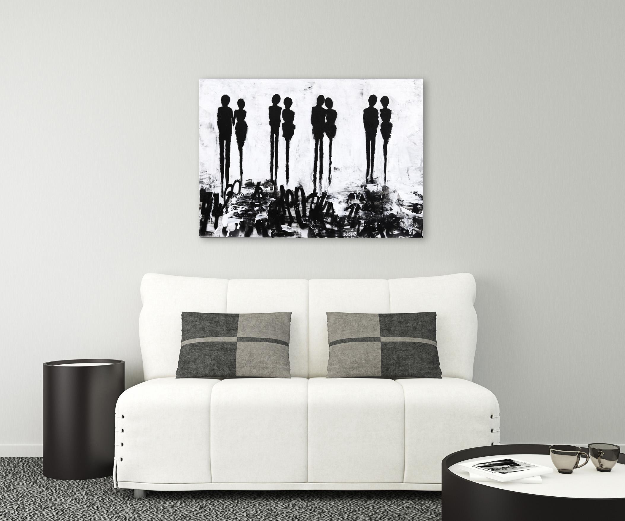 Concerto nel parco - Pittura astratta figurativa originale in bianco e nero in vendita 3