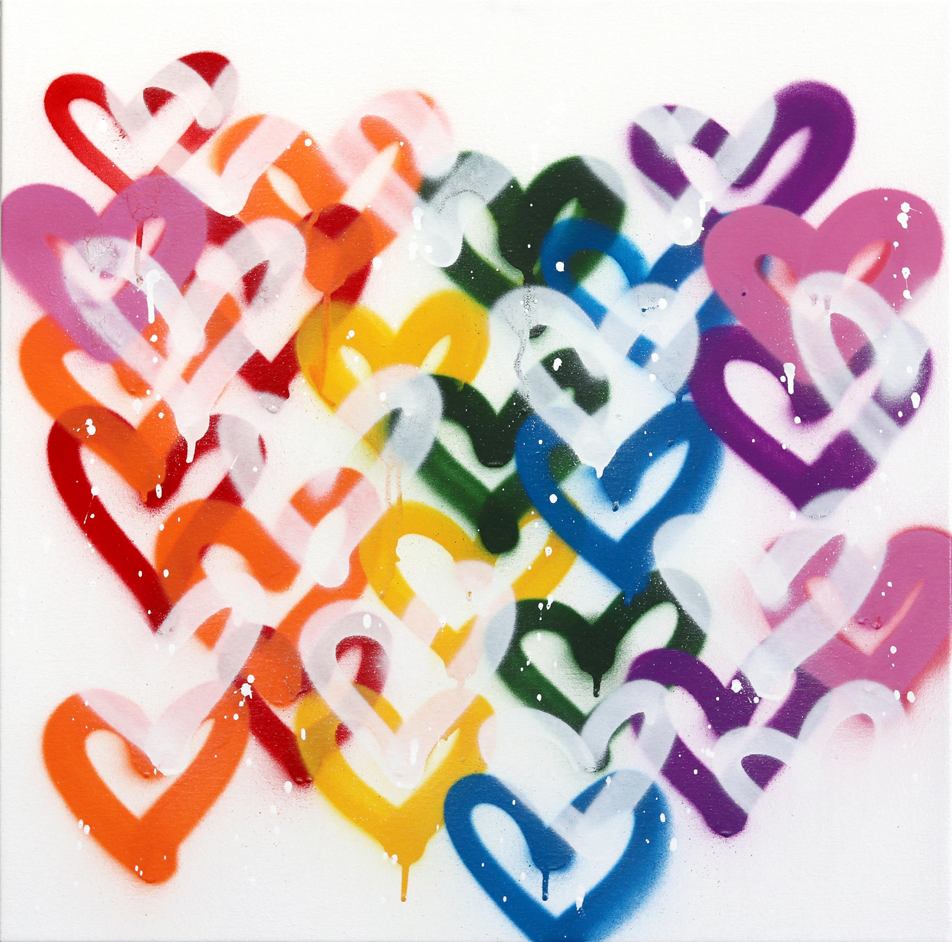 I Love Rainbows - Cuori colorati Pittura originale con graffiti su tela - Mixed Media Art di Amber Goldhammer