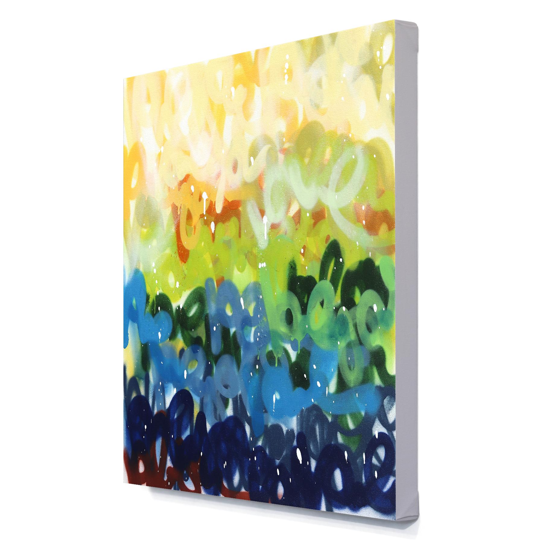 Charme del paesaggio - Pittura originale su tela con colori giallo, verde e blu in vendita 1