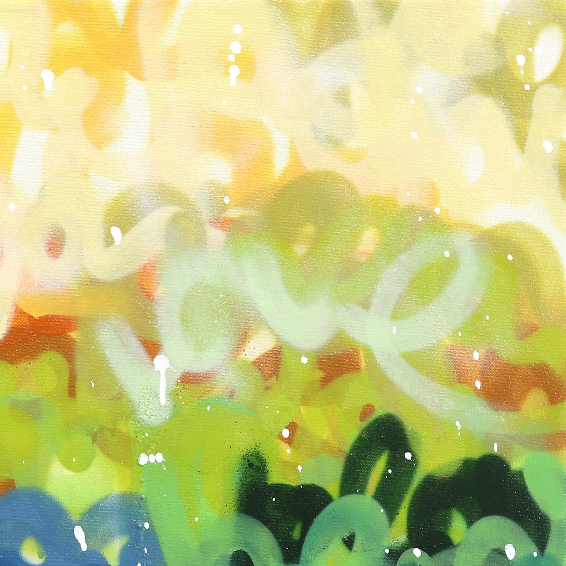 Charme del paesaggio - Pittura originale su tela con colori giallo, verde e blu in vendita 2