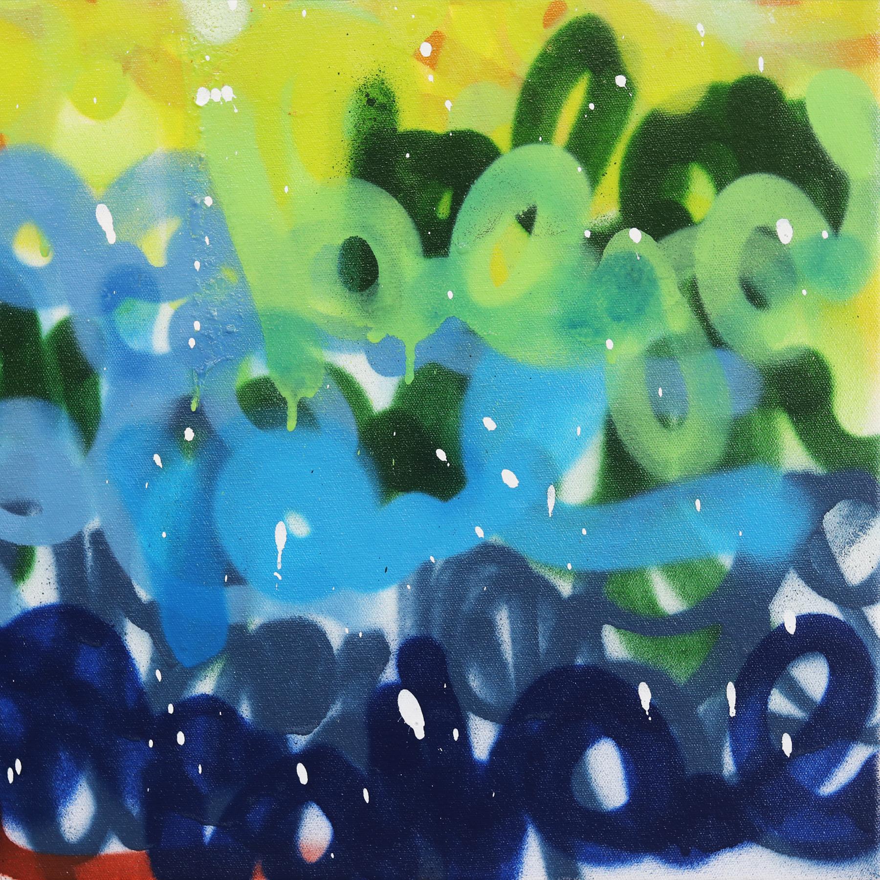 Charme del paesaggio - Pittura originale su tela con colori giallo, verde e blu in vendita 5