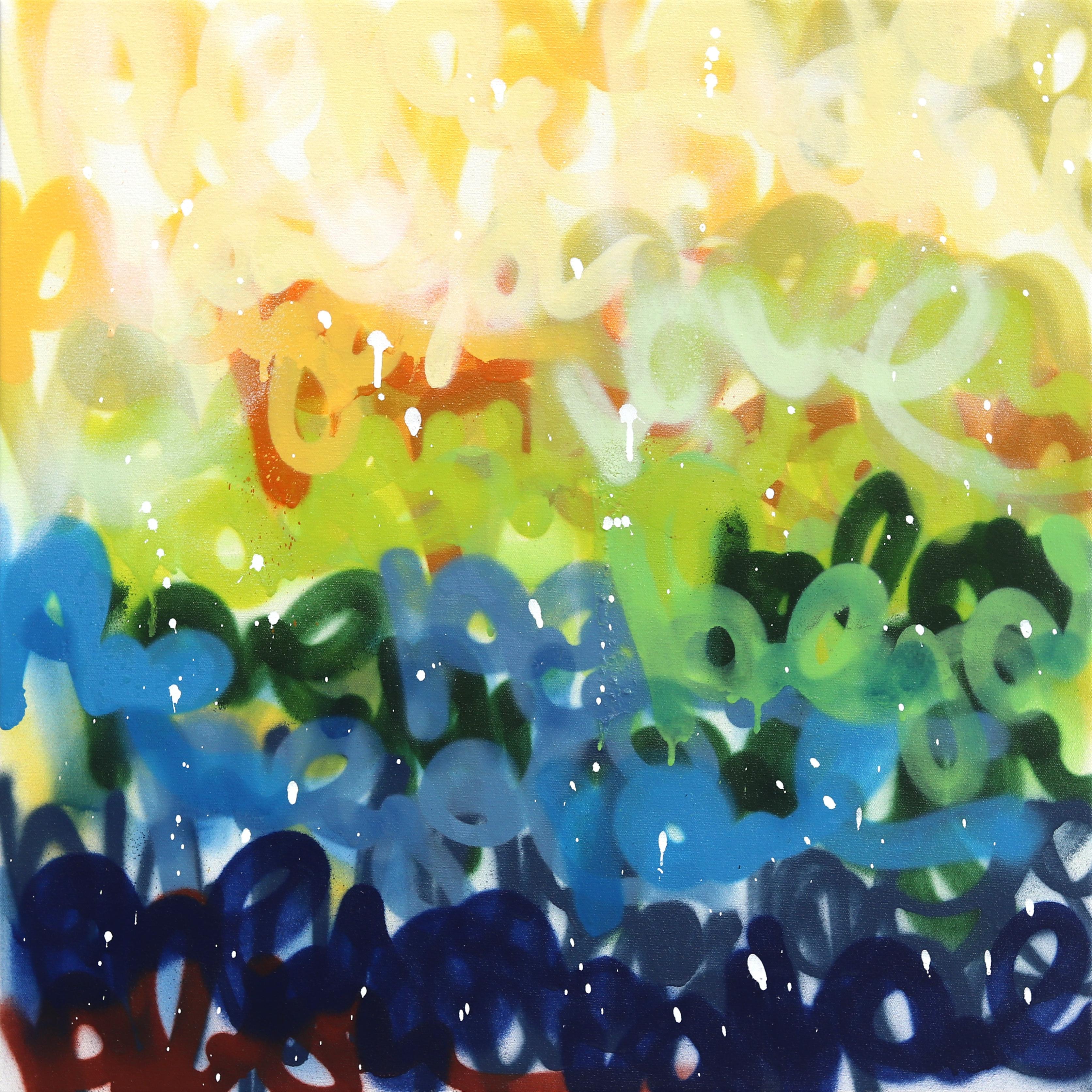 Charme del paesaggio - Pittura originale su tela con colori giallo, verde e blu - Mixed Media Art di Amber Goldhammer