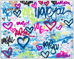 "Love Tide" Contemporary Graffiti Hearts Framed Mixed Media on Canvas Painting